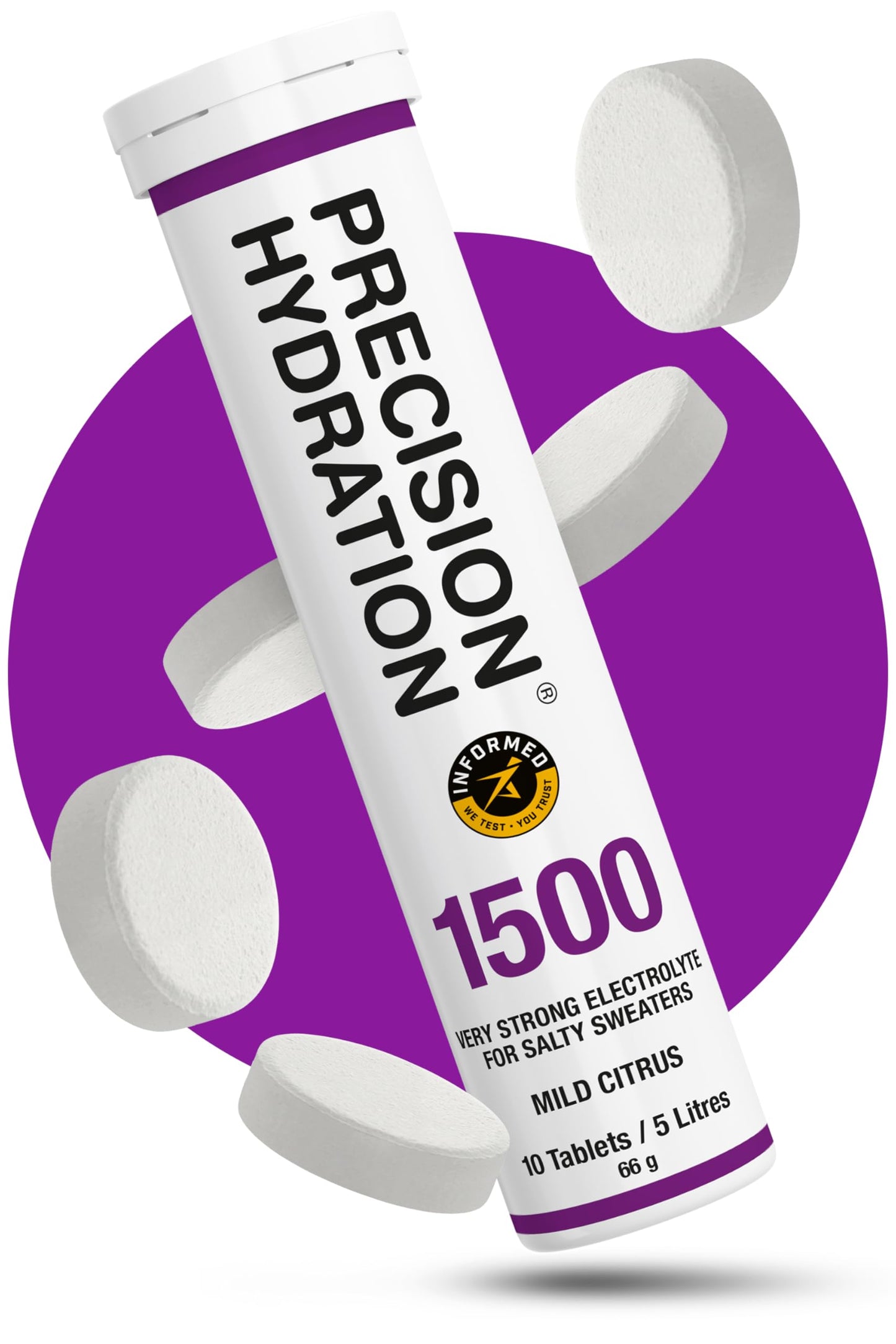Precision Hydration Lite Electrolytes Tablets - Multi Strength Effervescent Hydration Tablet - Low Calorie, Gluten Free, Vegan/Vegetarian Friendly, Mild Citrus Flavour (1500mg/l - Purple, 1 Tube)