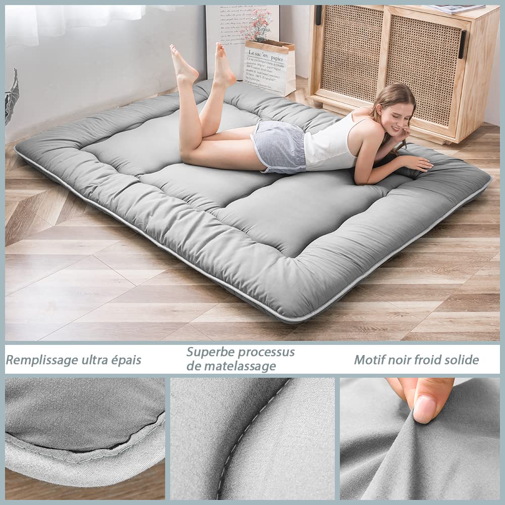MAXYOYO Japanese Floor Futon Mattress, Thicken Tatami Mat Sleeping Pad Foldable Roll Up Mattress Dormitory Lounger Pillow Bed (Single, Gray)