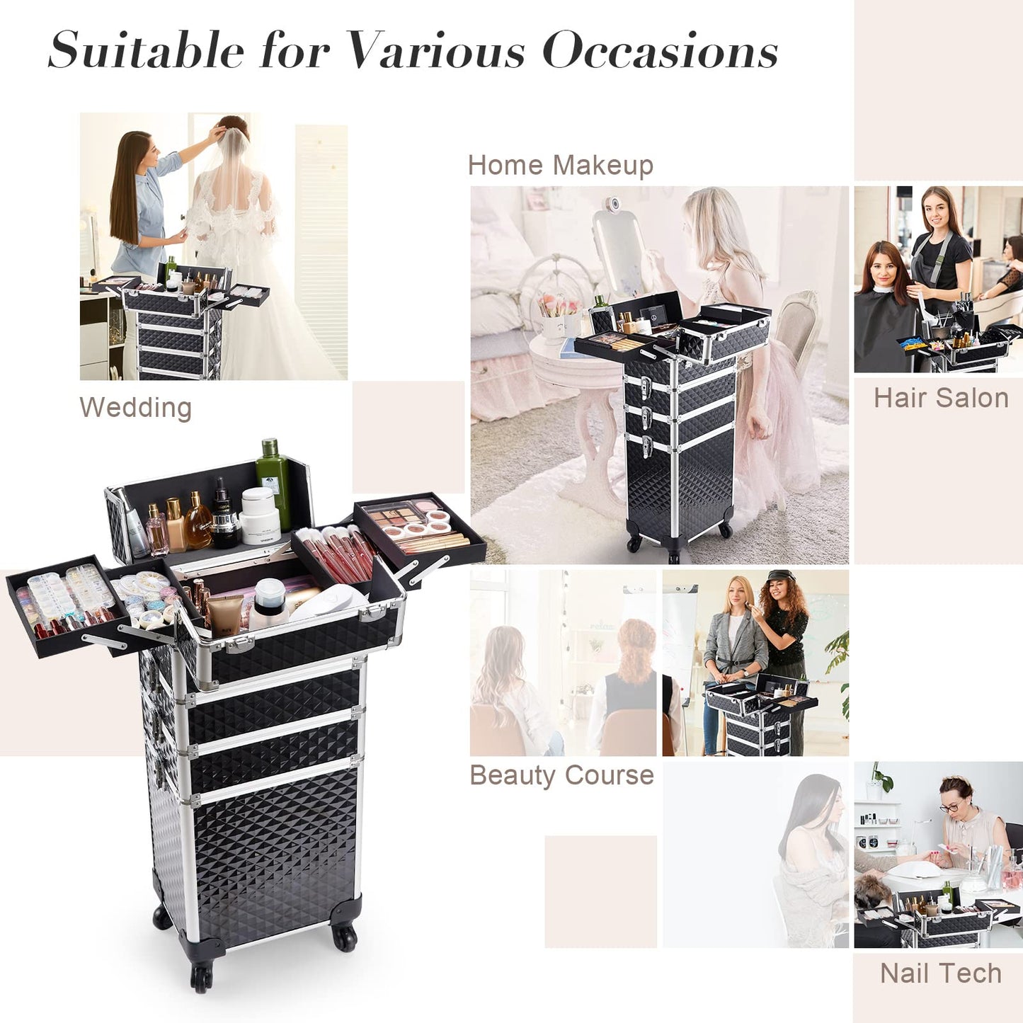 Joligrace 4-in-1 Tall Vanity Case for Women Makeup Box Make Up Beauty Trolley on Wheels Professional Large Makeup Case Organiser Rolling Box Nail Technician case with Locks (Black)