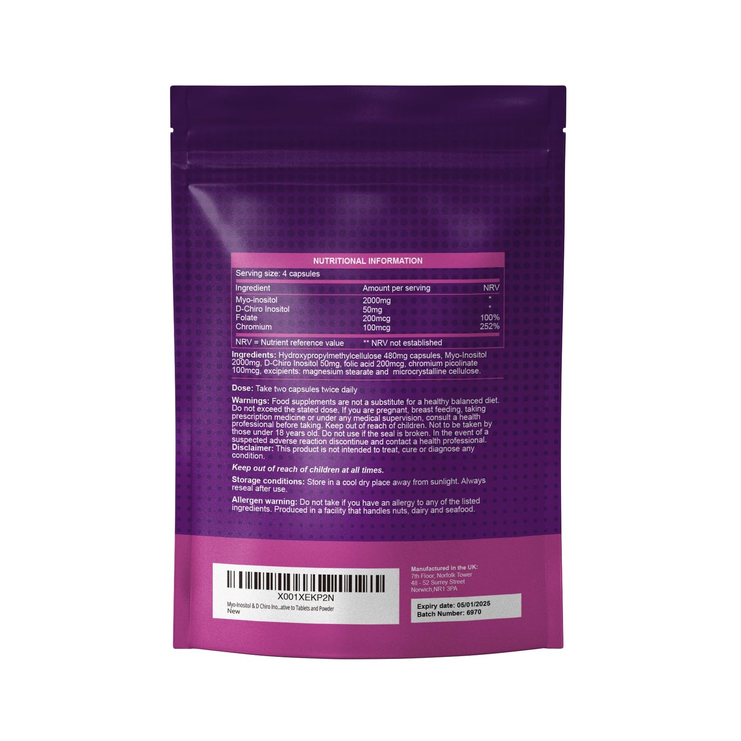 Myo Inositol & D Chiro Inositol - 120 Capsules | PCOS Supplement Supports Fertility, Weight Loss & Hormone Balance | Inositol 2000mg, D- Chiro Inositol, Folic Acid, Chromium | Alternative to Tablets