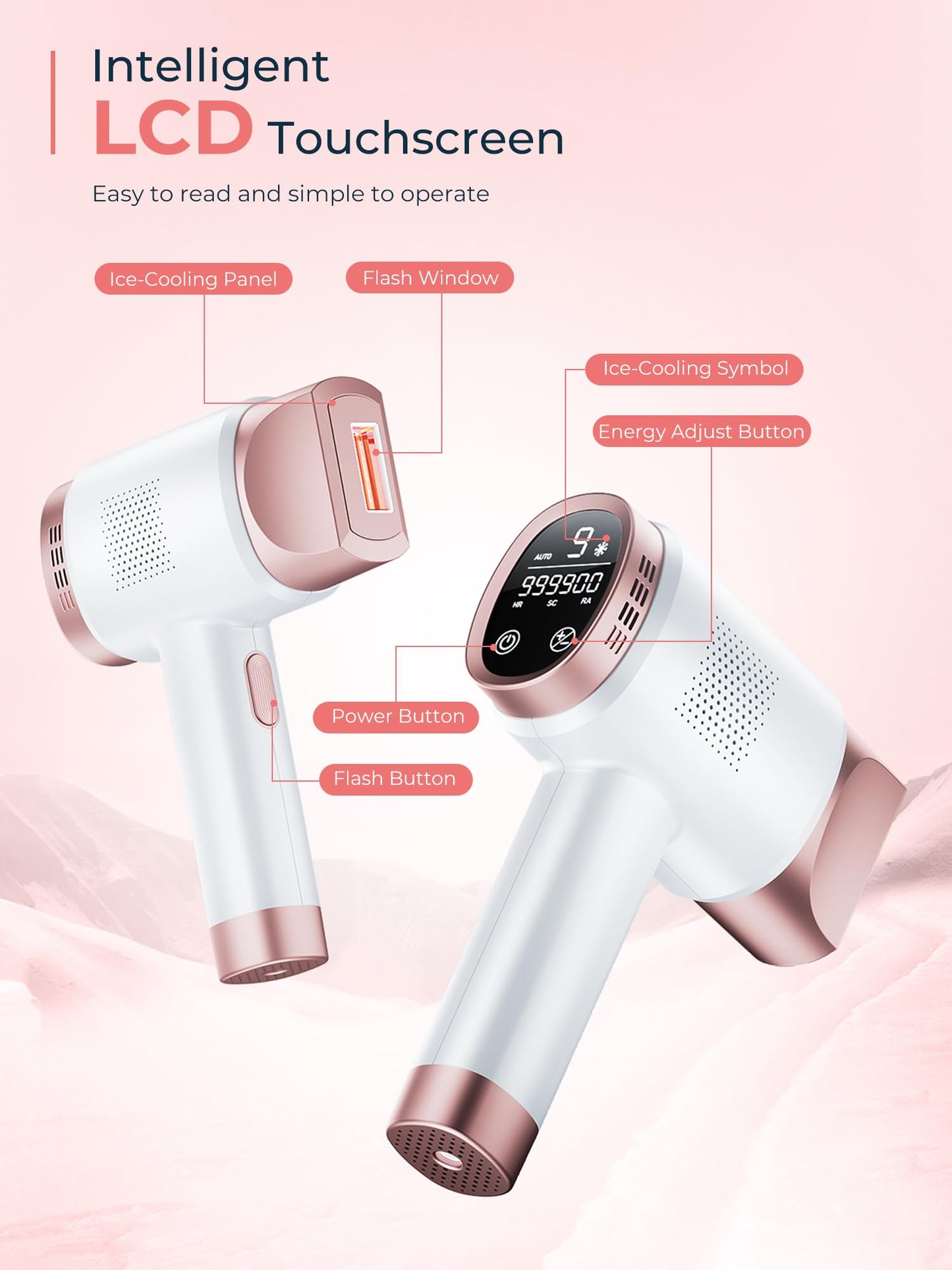 Beauris Ice-Cooling IPL Hair Removal Device, 21J Laser Hair Removal Device with 3 Functions, 9 Energy Levels, IPL Laser Hair Remover for Women Men, Facial Bikini Line Arm Armpits Leg Body, Rose Gold