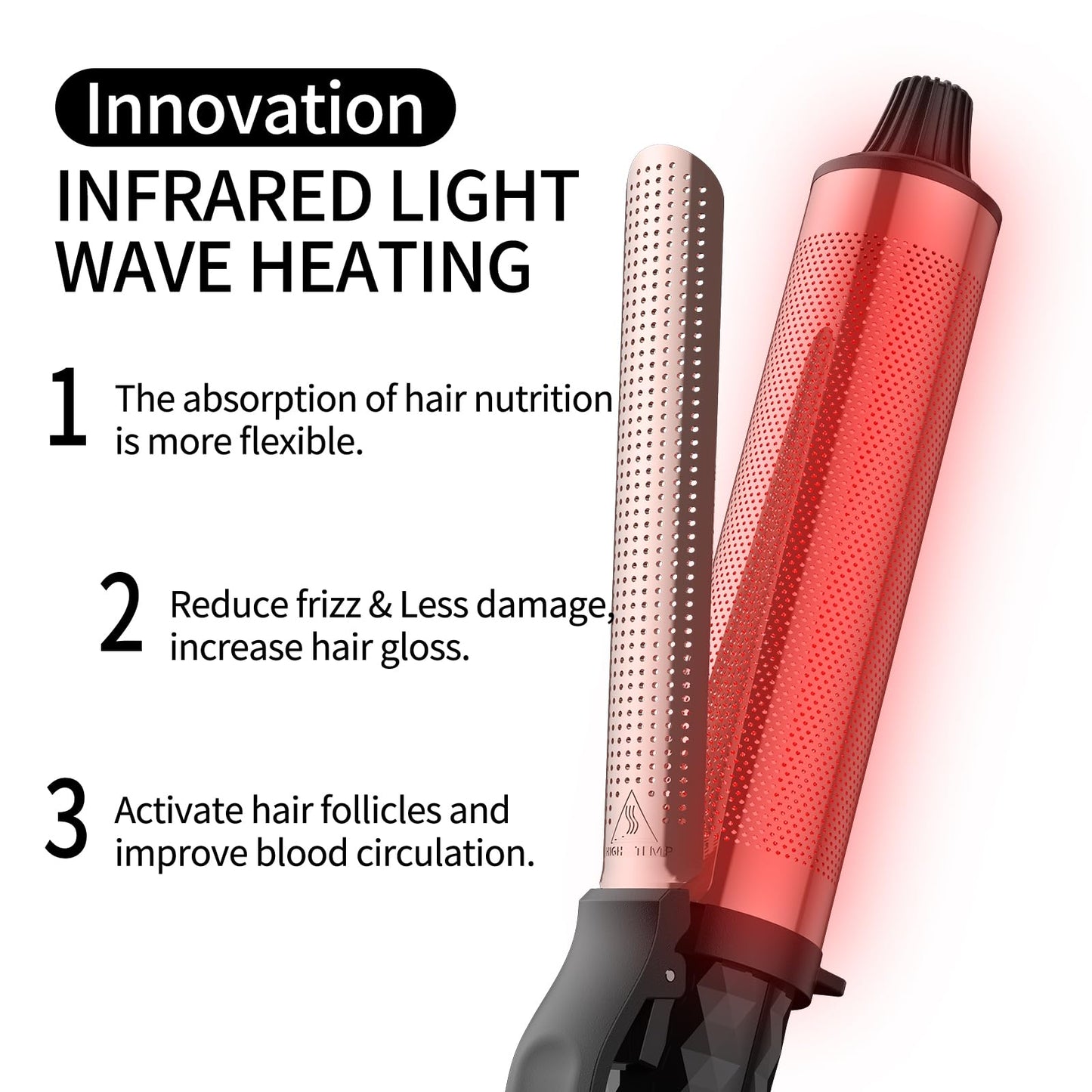 K&K Professional Red Light Therapy Infrared Dual Voltage Curling Iron, 38mm Rose Gold Aluminium Barrel, with Display for Temperature Control up to 232°C