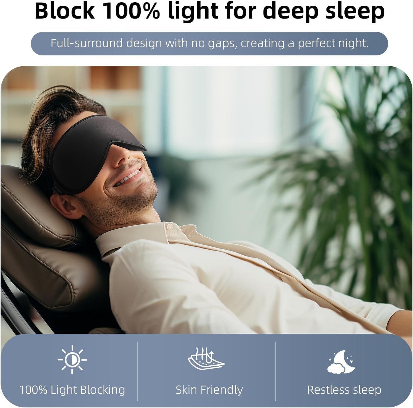 100% Blackout Sleep Mask for Women Men, Zero Eye Pressure Eye Mask, Sleeping Mask for Side Sleepers, Lycra Fabric 3D Contoured Cup Blindfold with Adjustable Strap for Home/Work,3D Black