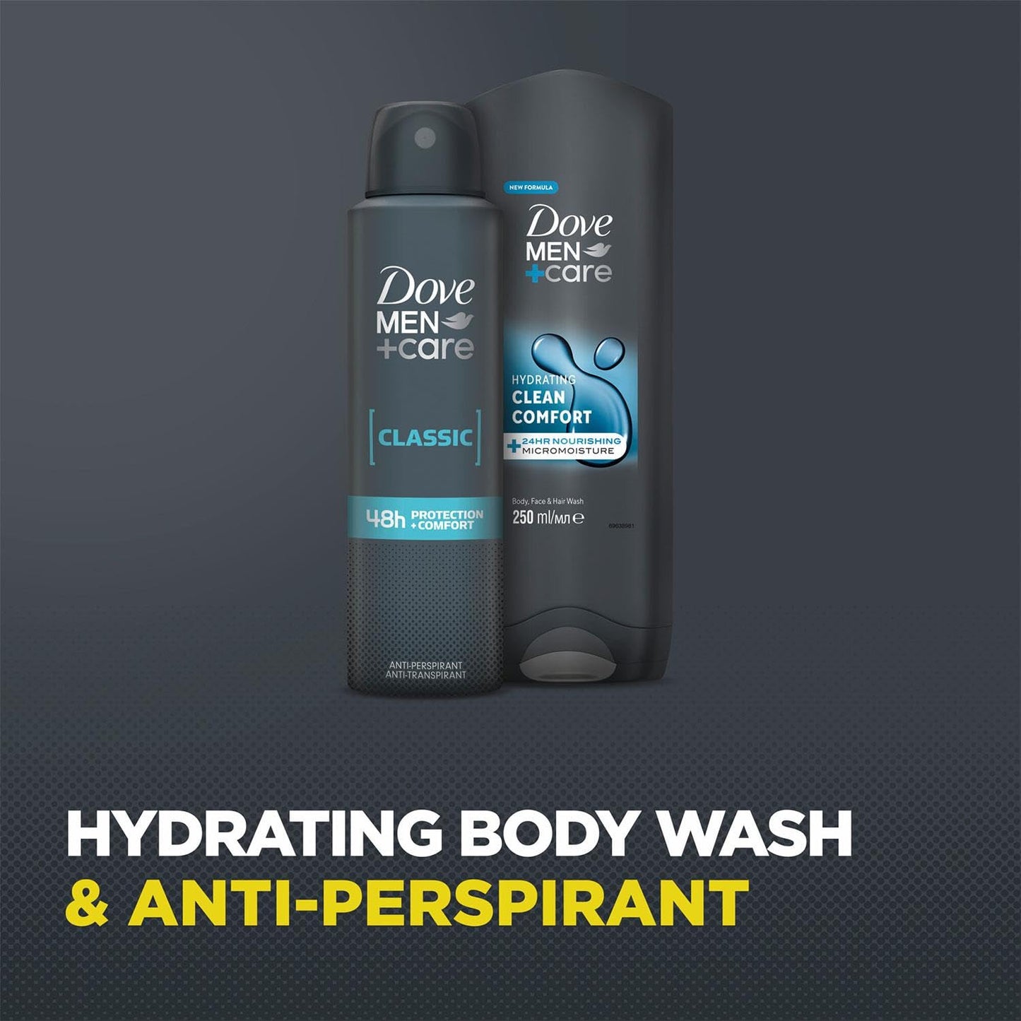 Dove Men+Care Restore Collection Clean Comfort 3in1 Body Wash 250ml, 2in1 Shampoo & Conditioner 250ml and Classic Antiperspirant 200ml Gift Set for Him with Wash Bag