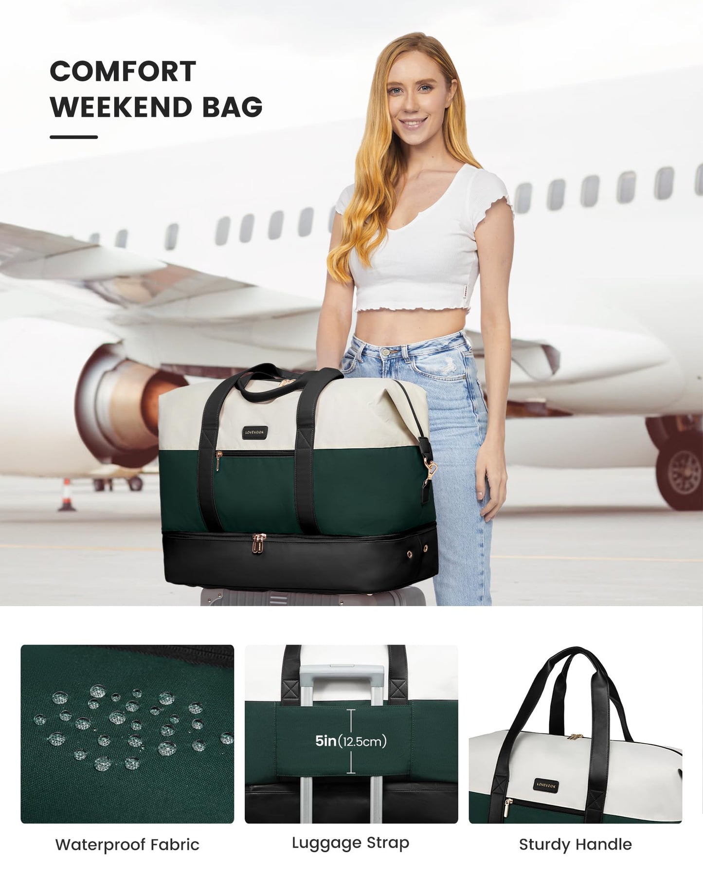 LOVEVOOK Travel Weekend Bag for Women, Waterproof Overnight Hospital Holdall Bags with Shoes Compartment & Trolley Sleeve, Travel Duffle Cabin Carry On Hand Luggage Bag for Ryanair easyJet