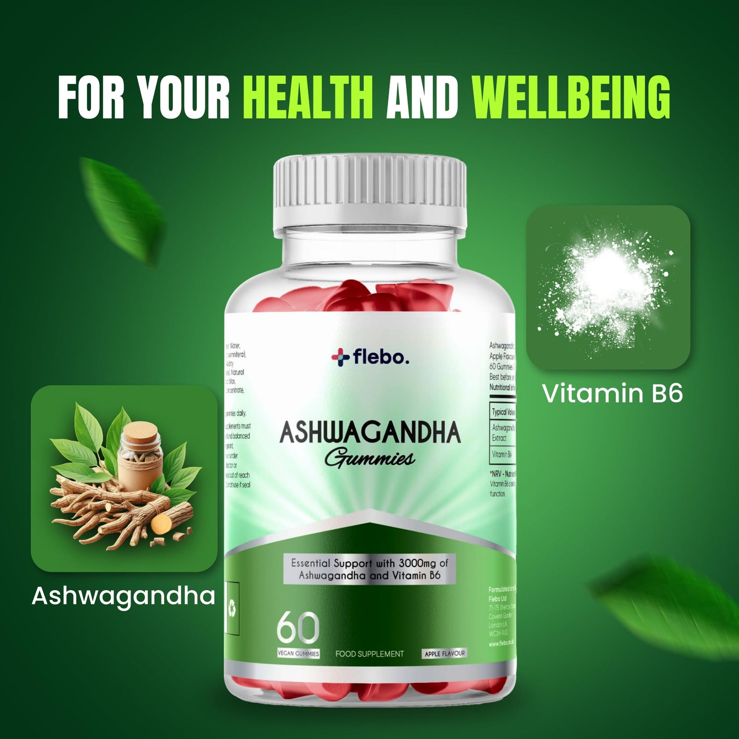 Flebo Ashwagandha High Strength Gummies, Vegan & Gluten-Free I Stress & Anxiety Relief for Adults, Ashwagandha Gummies Supplement for Relaxation and Wellness 60 Two - A - Day I Apple Flavor