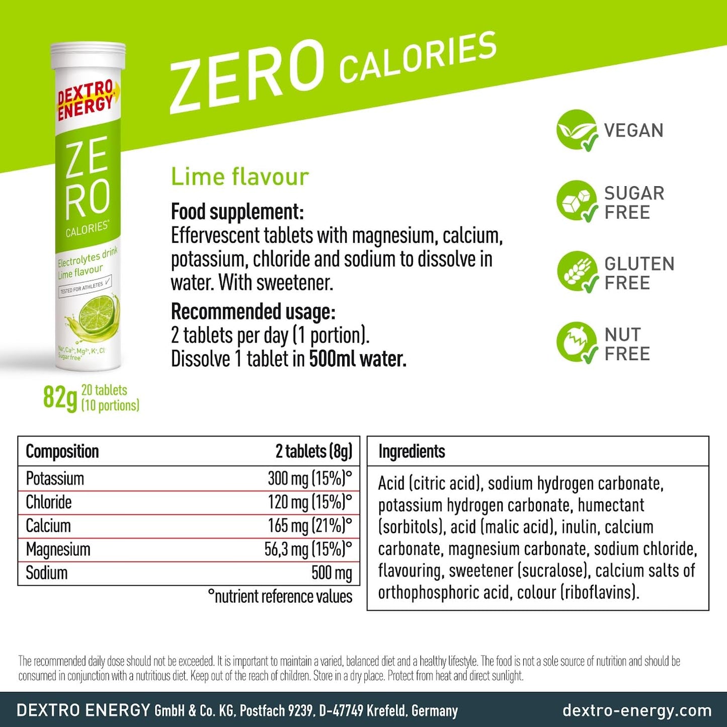 Dextro Energy Zero Calories I Recovery and Hydration Electrolyte Drink I Zero Effervescent Tablets I Lime | 3 Tubes, 60 Tablets |