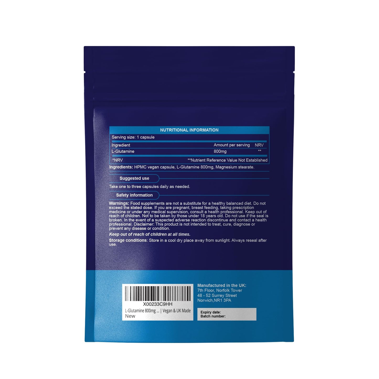 L-Glutamine 800mg Capsules | 90 Capsules Per Pouch | L-Glutamine Nutritional Supplements | Supports Muscle and Gut Health | Good Alternative to Powder and Tablets | Vegan & UK Made