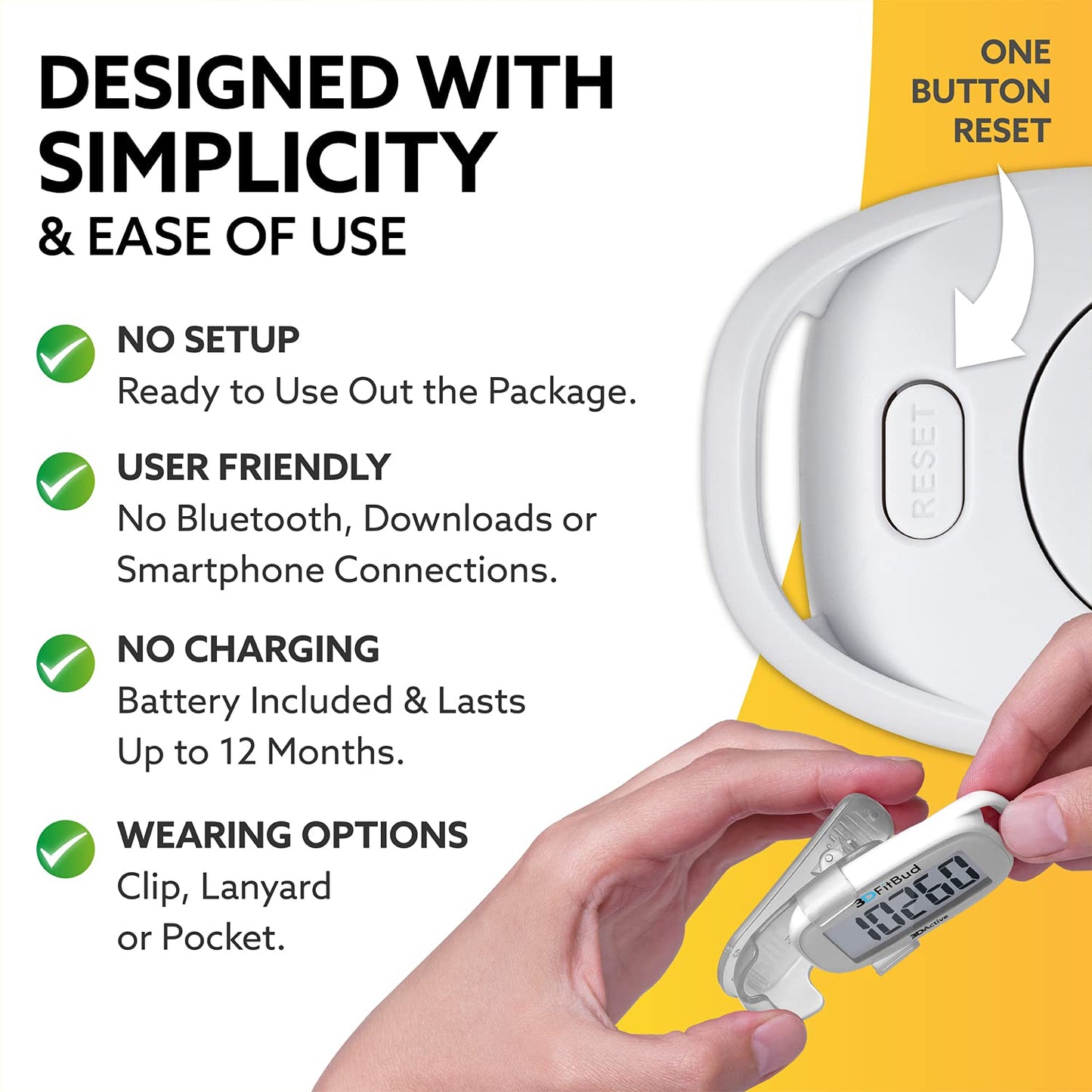 3DFitBud Simple Step Counter Walking 3D Pedometer with Clip & Lanyard - A420S - White