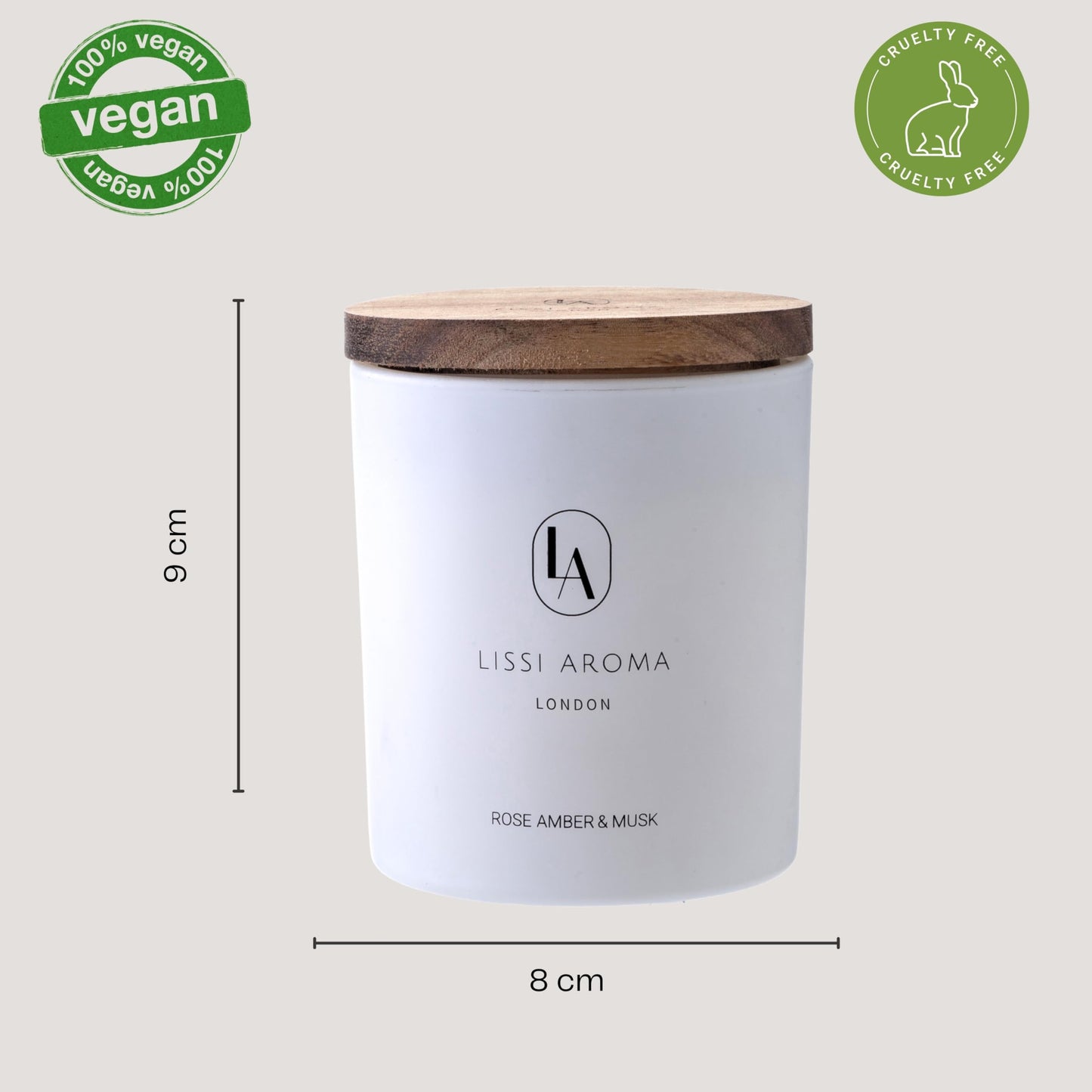 Lissi Aroma London, Premium Rose Amber & Musk Hand Poured Scented Candles, 220 g | 50Hour Burn, Highly Scented, Natural Soy Candles | Matte White jar with Natural Wooden lid