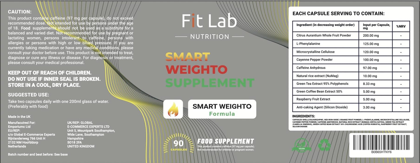 Fit Lab - Smart Weighto Management, Food Supplement - 90 Capsules - Vegan, Halal and Vegetarian Supplements for Women and Men - 45 Days Supply - Gym Essentials