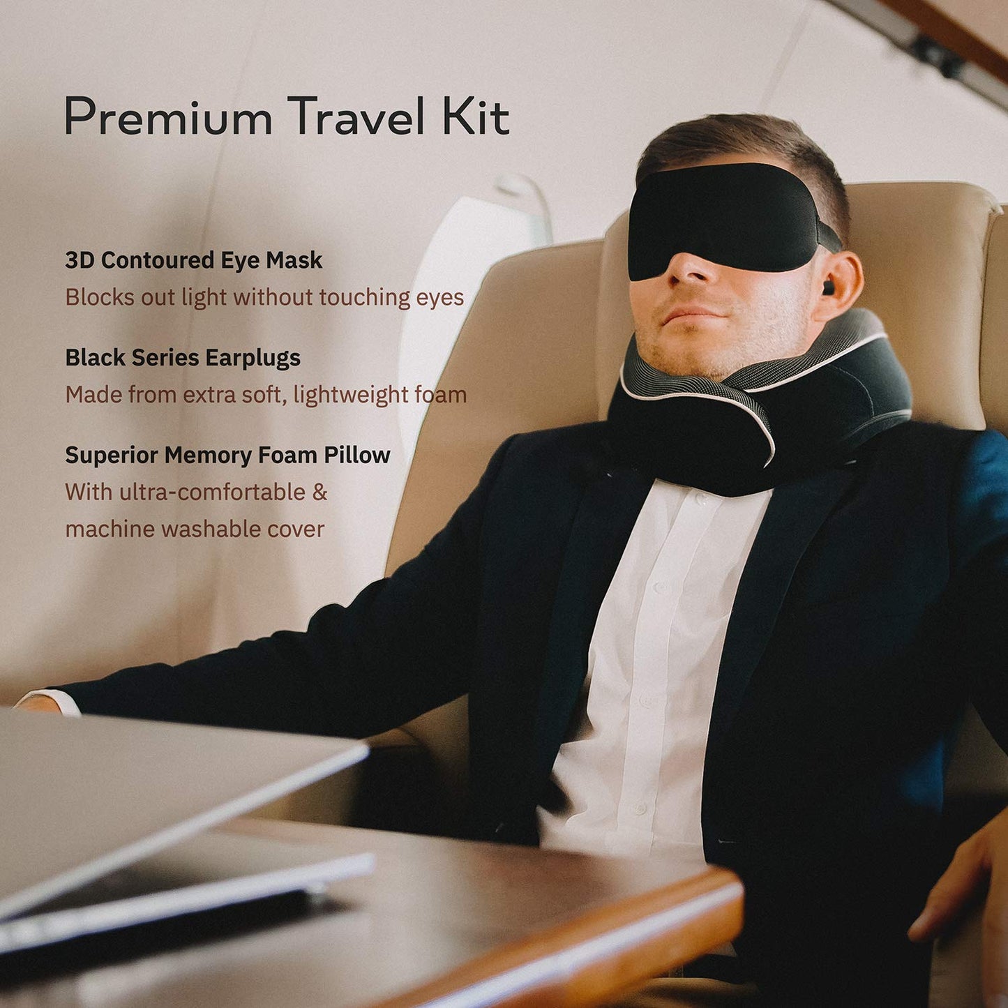 Proglobe Travel Pillow, Memory Foam Neck Pillow Set, Orthopedic Pillow, Travel Essentials for Flying, Kit with 3D Contoured Sleep Mask, Earplugs and Luxury Mesh Bag (Black)