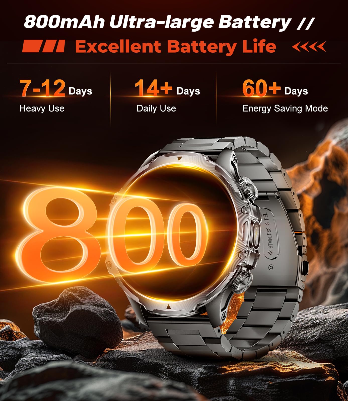 Military Smart Watch for Men with 800mAh and LED Flashlight, 1.85'' Smartwatch with Bluetooth Call/30+ Days Standby/Health Monitor, IP68 Waterproof Sport Tactical Fitness Tracker Watch for Android iOS