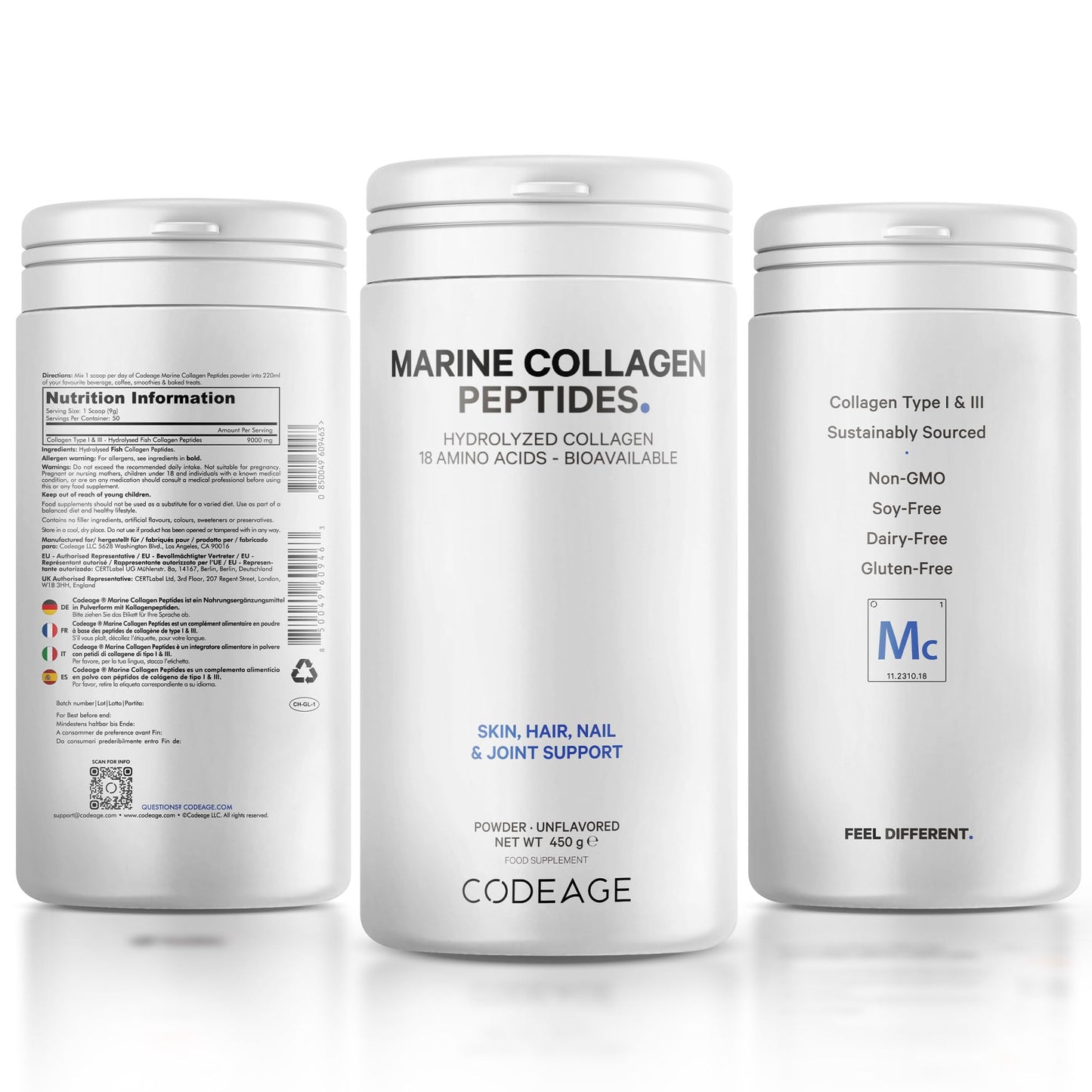 Codeage Marine Collagen Powder - Hydrolyzed Fish Collagen Peptides - Type 1 & 3 Collagen Protein Supplement – 50 Servings, Amino Acids for Skin, Hair, Nails - Non-GMO, 450 Grams