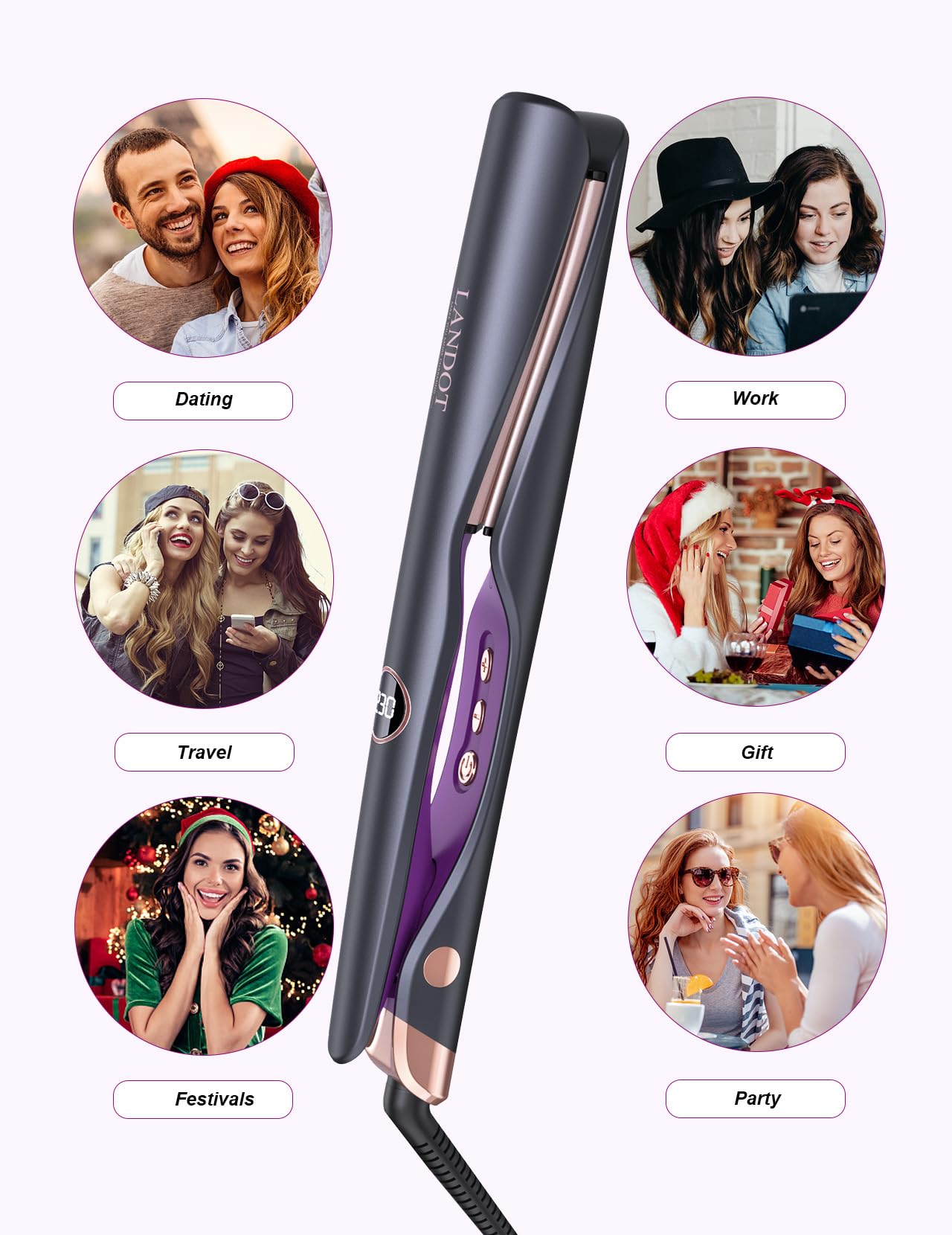 LANDOT 2 in 1 Hair Straightener and Curler, Straightens/Curls/Waves, Adjustable Temperature 120-230℃ for All Hair Types, Professional Pro Twist Styler for Women