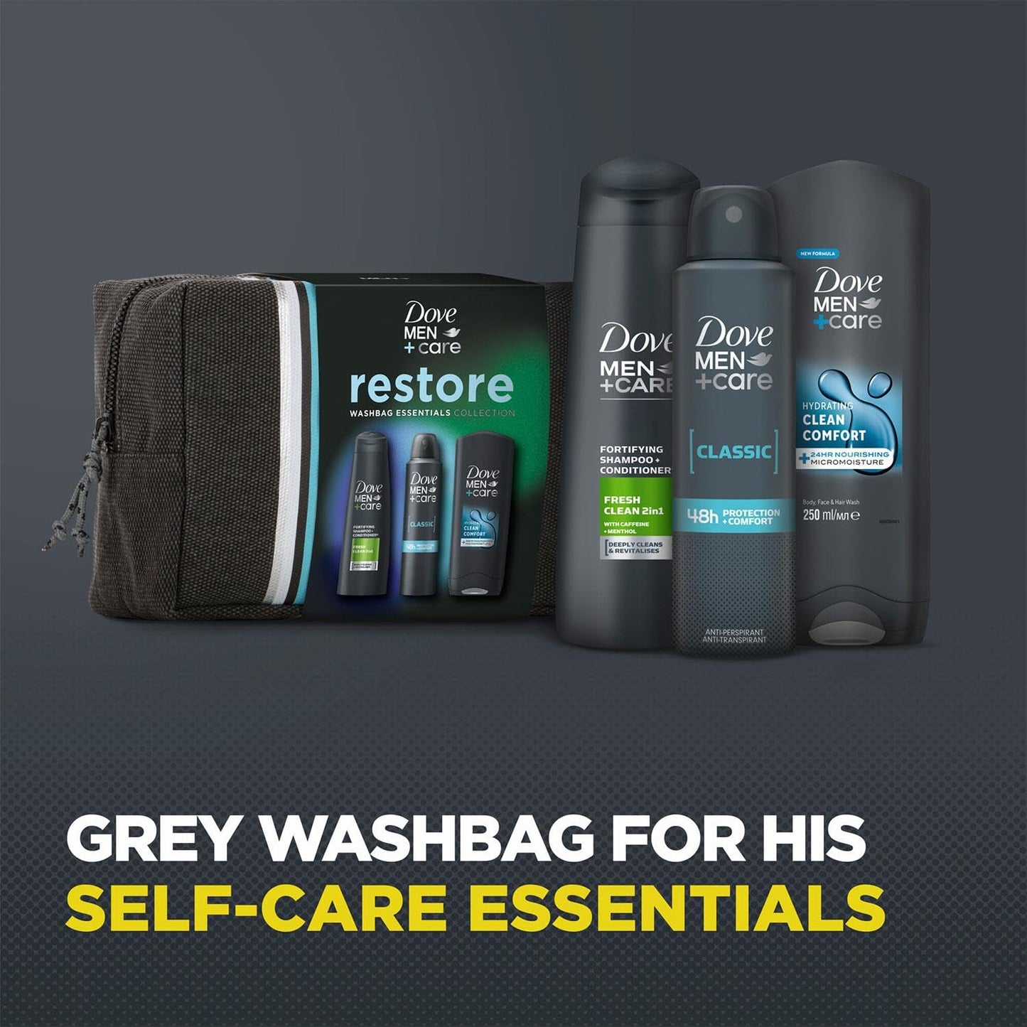 Dove Men+Care Restore Collection Clean Comfort 3in1 Body Wash 250ml, 2in1 Shampoo & Conditioner 250ml and Classic Antiperspirant 200ml Gift Set for Him with Wash Bag
