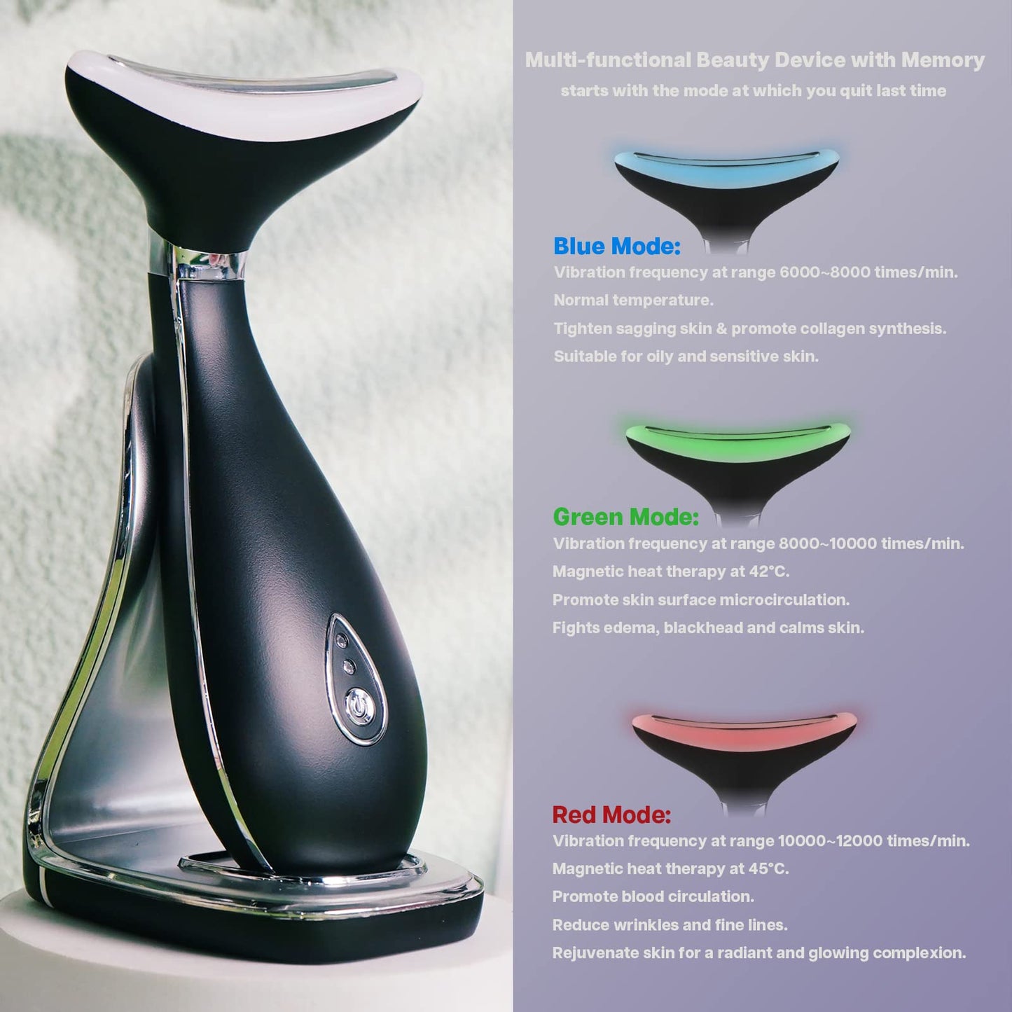 VRAIKO Lily Neck Face Massager, Face Sculpting Tool, Skin Rejuvenation Device with Thermal, Triple Action LED and Vibration, for Anti-Aging, Lifting and Tightening Sagging Skin (Black)