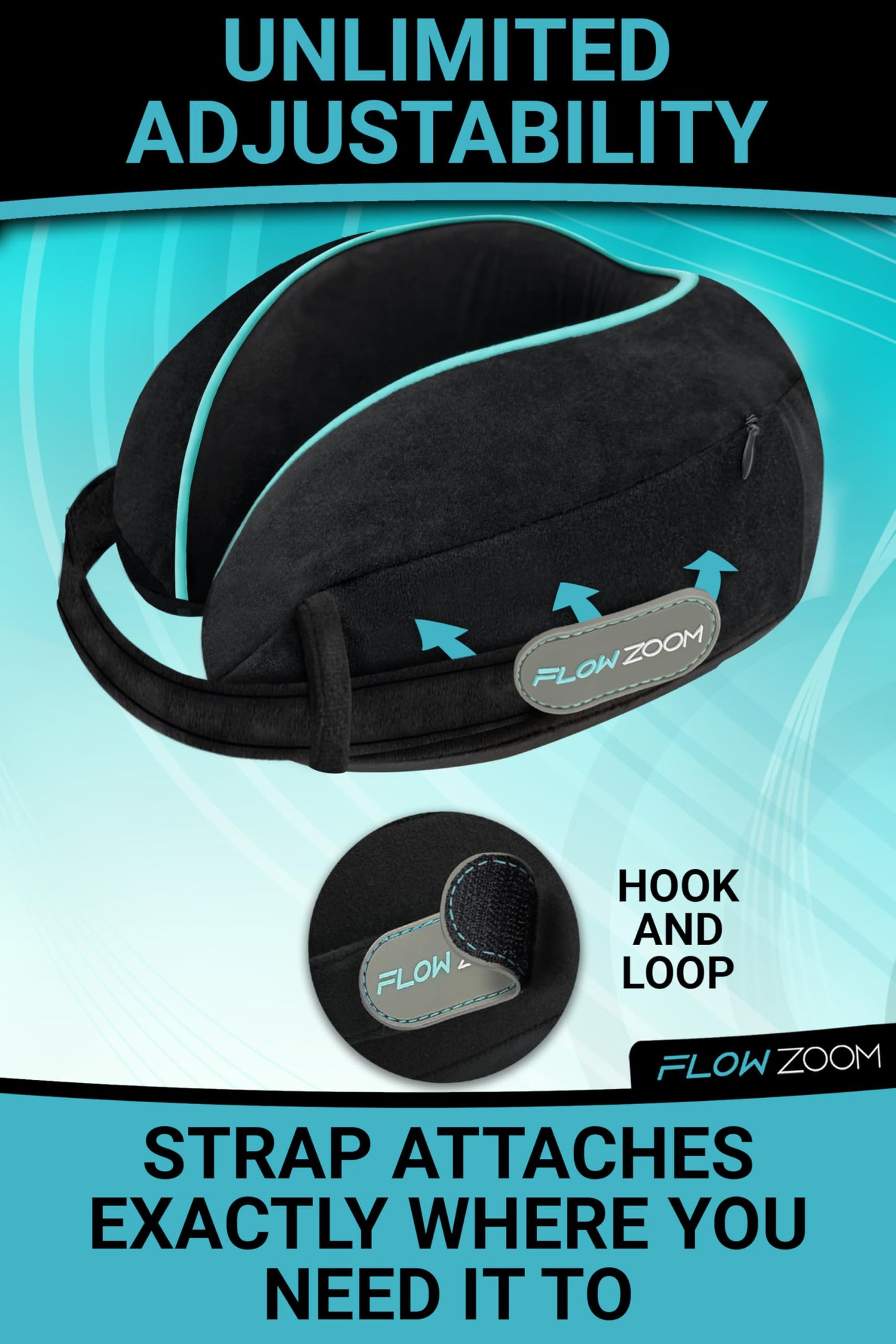 FLOWZOOM Dream Travel Neck Pillow for Airplane & Car – Adjustable Memory Foam Travel Cushion with Higher Sides for Extra Support, Soft, Washable Plush Cover and Compact Mash Bag - Black