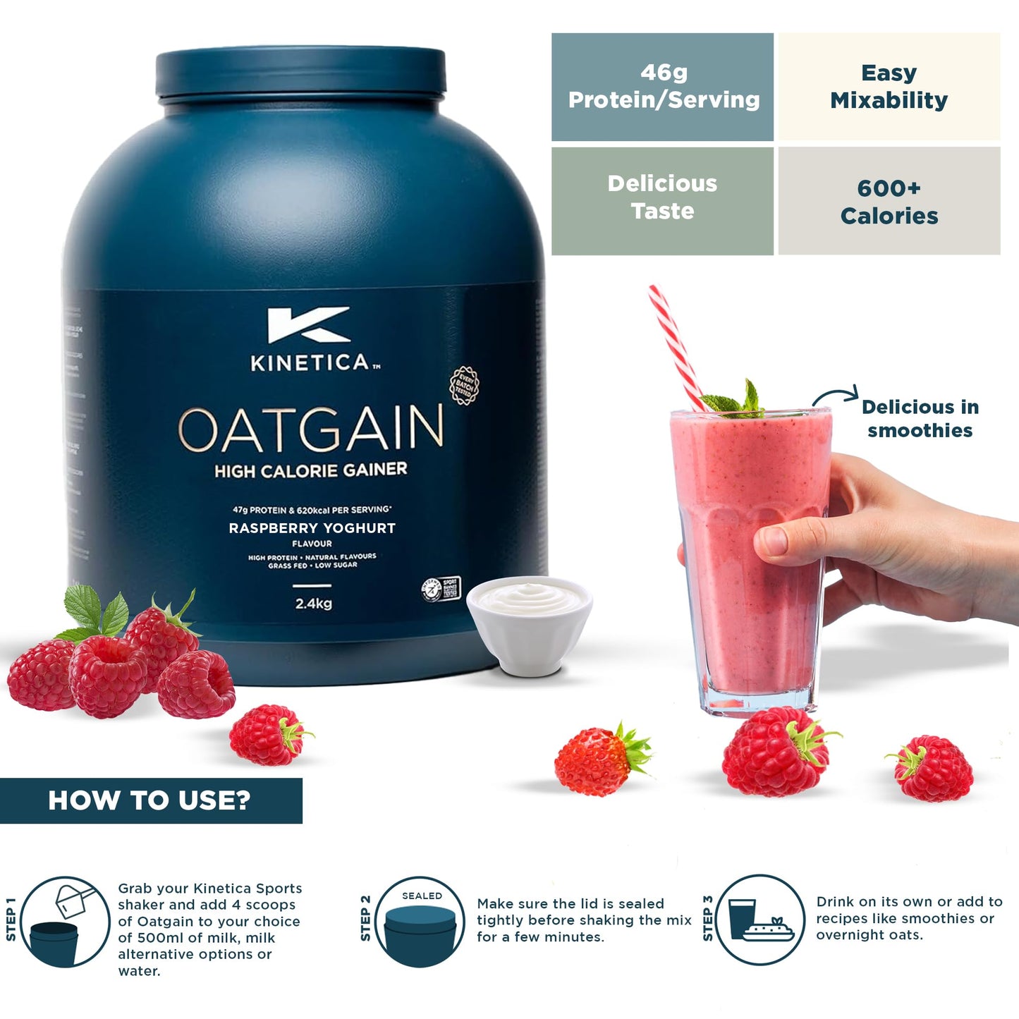 Kinetica Sports OatGain Weight Gainer - Raspberry Yoghurt Flavour | 630 Cal, 46g Protein & 82g Carbs/Serve, 15 Servings/2.4Kg | Optimum Grass Fed Protein Supplement | High Calorie & Easy Mixability