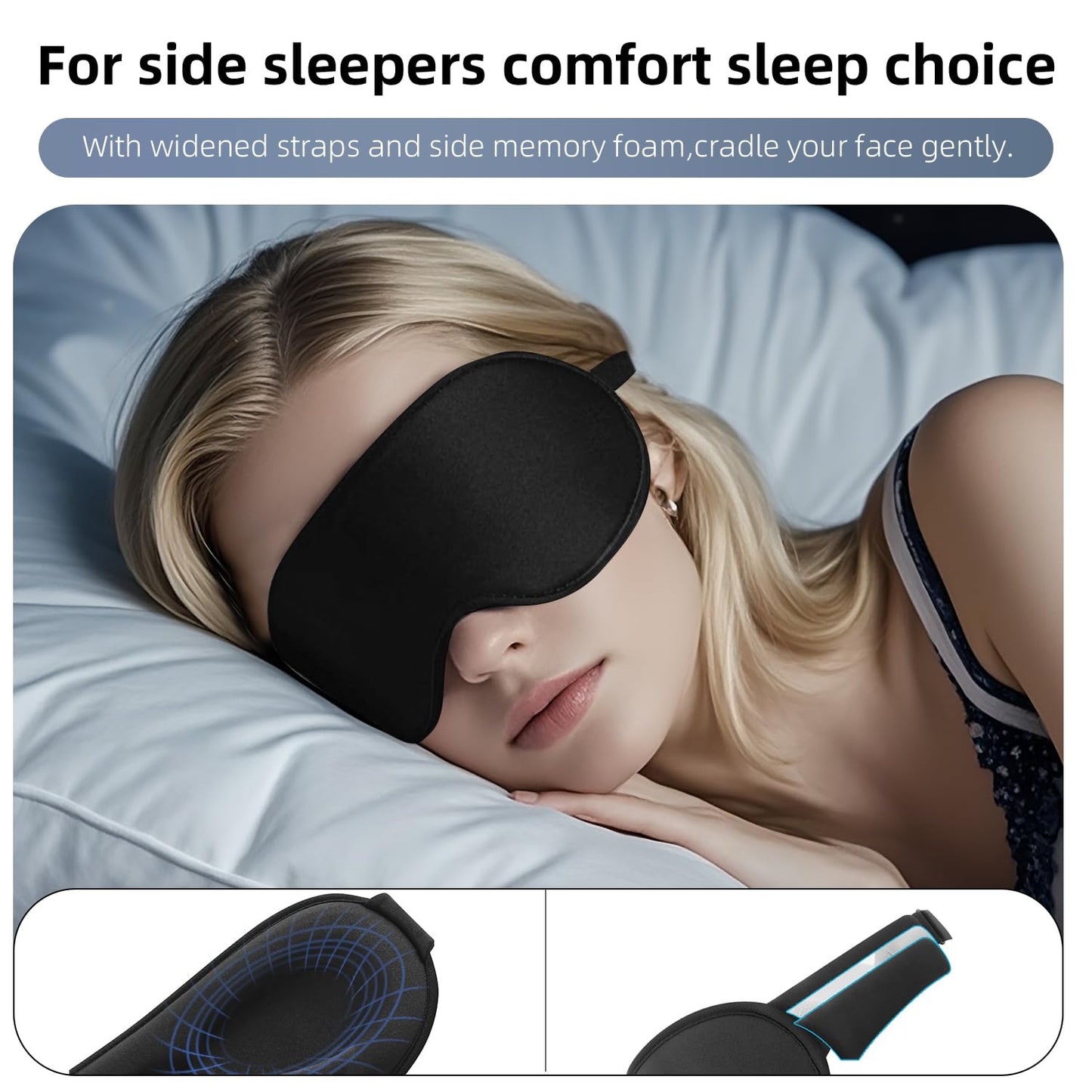 100% Blackout Sleep Mask for Women Men, Zero Eye Pressure Eye Mask, Sleeping Mask for Side Sleepers, Lycra Fabric 3D Contoured Cup Blindfold with Adjustable Strap for Home/Work,3D Black