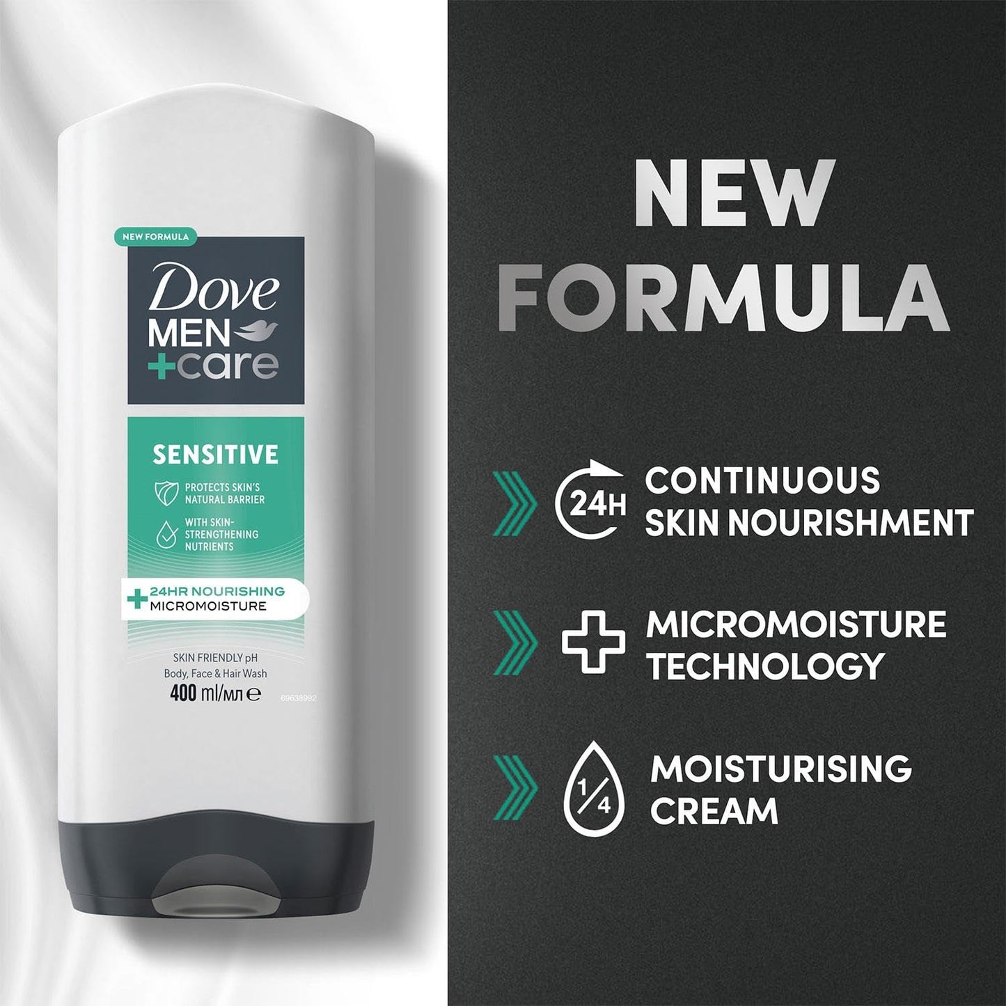 Dove Men+Care 3-in-1 Body, Face & Hair Wash Hydrating Sensitive Provides 24 Hour Nourishment with Clean and Calm Scent of Fresh Mint and Cedar Body Wash for Men, 400ml Pack of 3