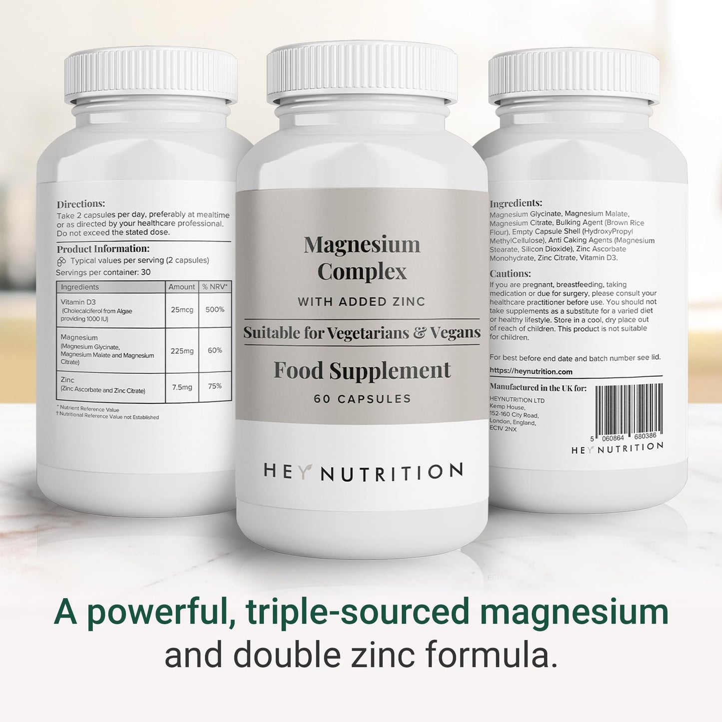 Hey Nutrition Magnesium Complex High Strength 205mg Supplement - Zinc, Vitamin D3 - Muscle & Bone Health, Nerve Function & Energy Support - UK Manufactured - Non-GMO - 60 Vegetarian Capsules