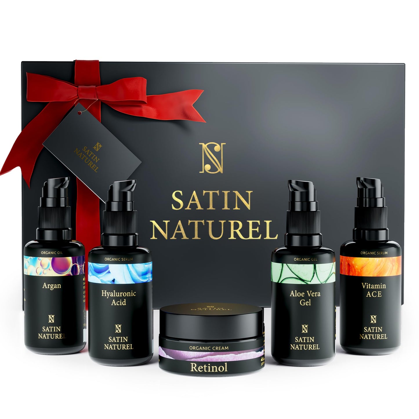 Satin Naturel Gift Set Women with Hyaluronic Acid Serum for Face + Vitamin C Serum + Aloe Vera Gel + Argan Oil + Moisturiser 5x30ml, Luxury Gifts for Women - Gift for Her - Gift Box