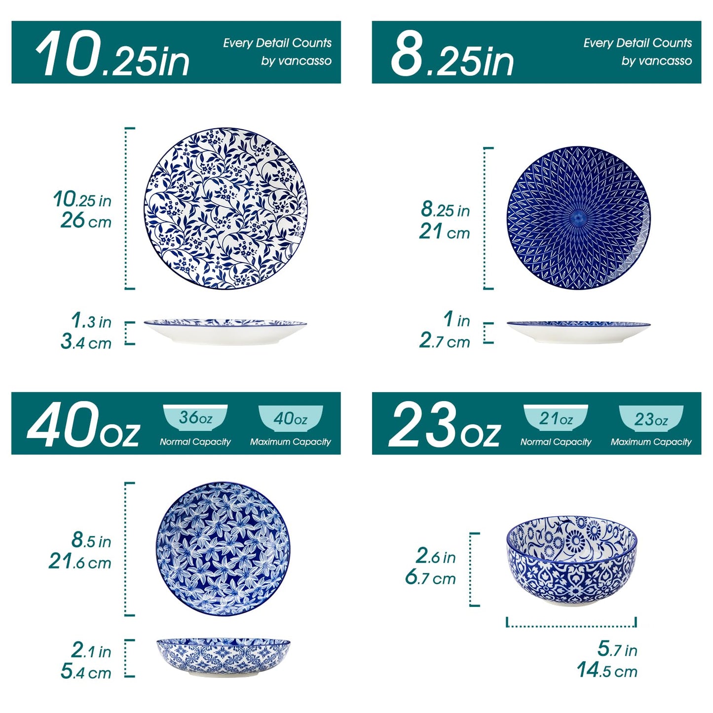 vancasso Selene Plates and Bowls Set, 24 Pieces Vintage Blue Porcelain Dinner Sets for 6 People Scratch Resistant Dinnerware Sets Crockery Set, Mircowave Dishwasher Safe Dishes Set