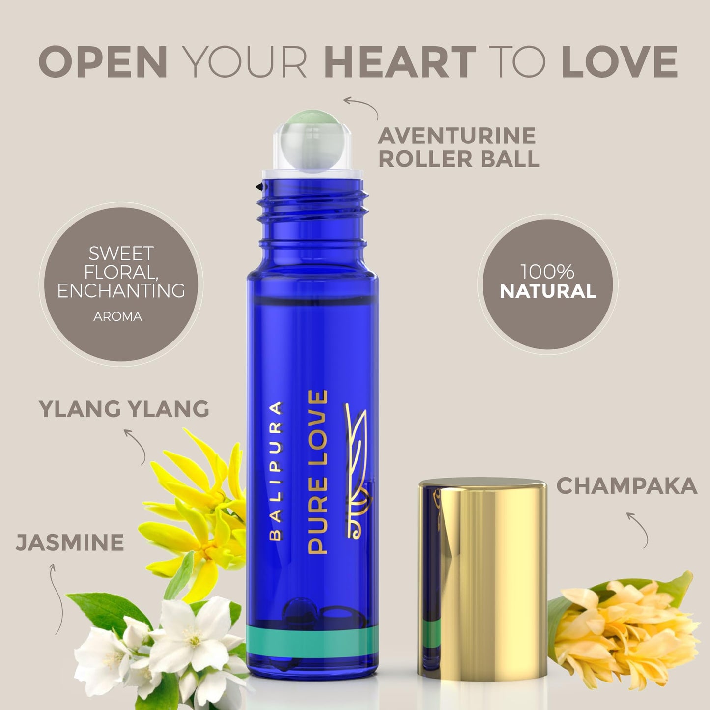 BALIPURA - Pure Love Crystal Aura Roll On- Jasmine Essential Oil with Rose Quartz Crystals - Essentail Oils for Body - Calming Essential Oils Roll On- Relaxation Gifts for Women