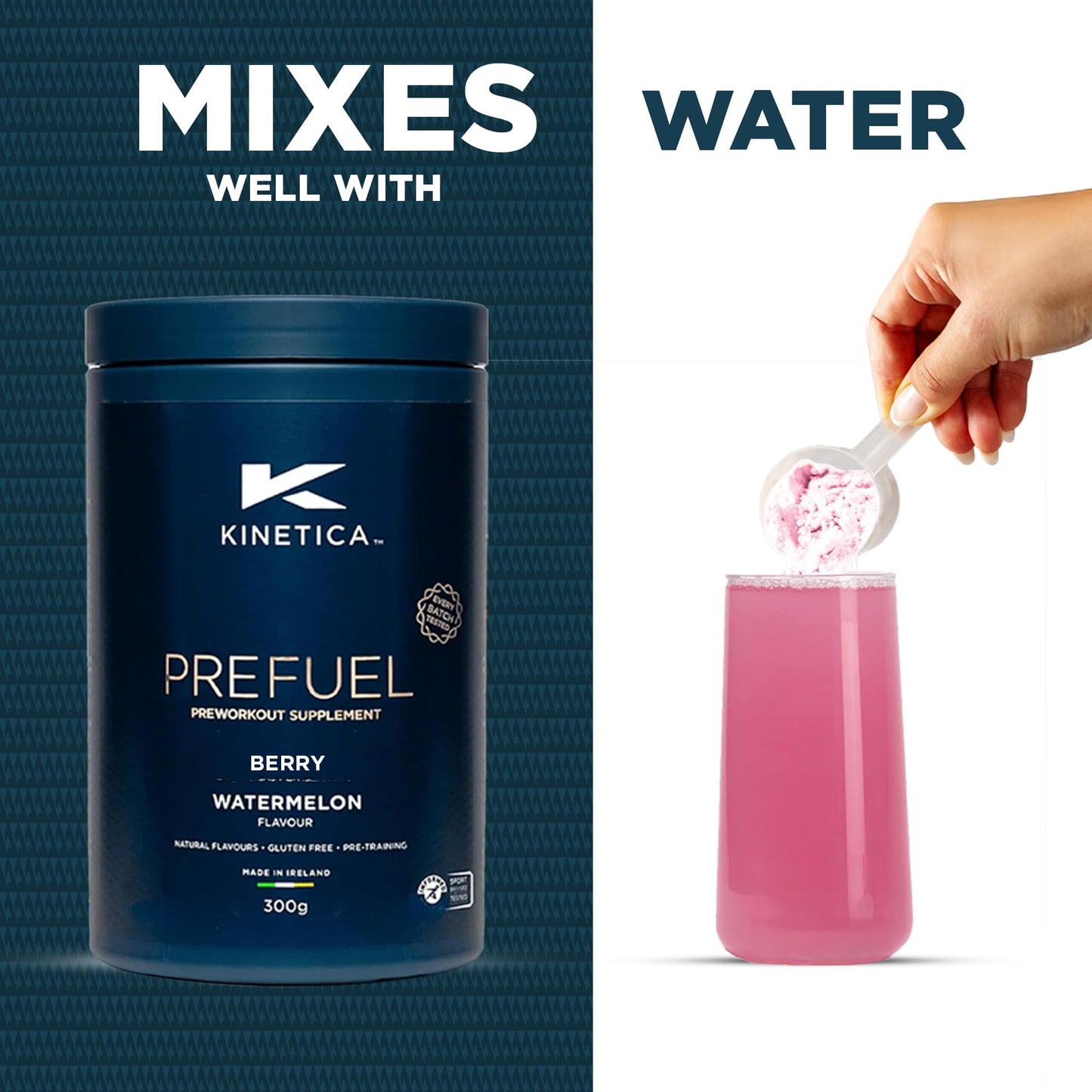 Kinetica Sports Prefuel Pre Workout -Berry Flavour | 5.8g Amino Acids Blend, 2.25g BCAA's & 92mg Caffeine/Serve, 30 Servings/300g| With Essential Vitamins, Minerals|Supports Performance & Energy Boost