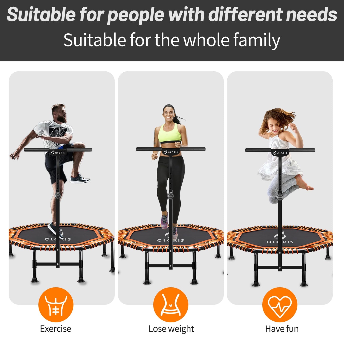 CLORIS 48'' Foldable Fitness Trampoline - Max Load 400lbs / 450lbs, Rebounder with Adjustable Foam Handle Indoor/Outdoor Fitness Body Exercise (48'' Orange)