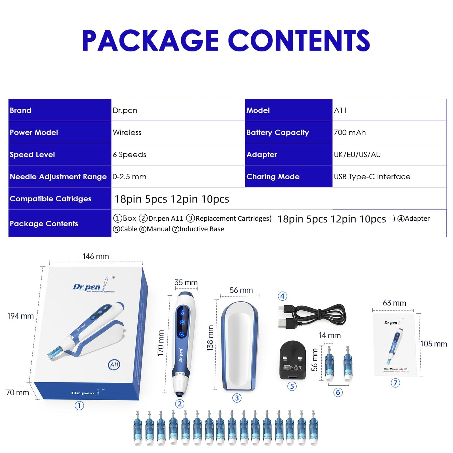 Dr. Pen A11 Wireless Microneedling Pen - Touch Screen Controls with Induction Base, 15 Replacement Cartridges for Skin Rejuvenation, Wrinkle Reduction, Acne Scar Treatment, and Hair Regrowth