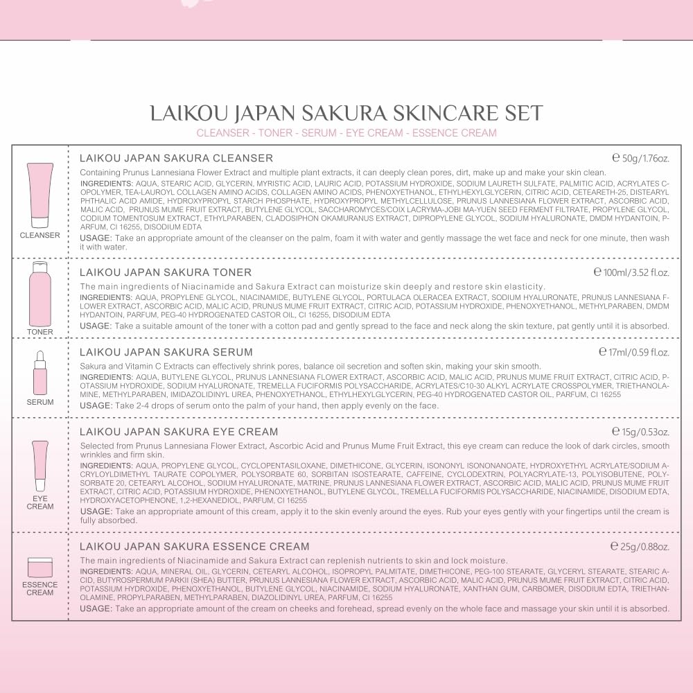 LAIKOU SkinCare Set, JAPAN Sakura Skin Care Sets & Kits - Cleanser,Toner,Face Serum,Eye Cream,Face Cream, Gift Set for Teenage Girls Women Mom Daughter Birthday, Travel Kit for All Skin Types, 5pcs