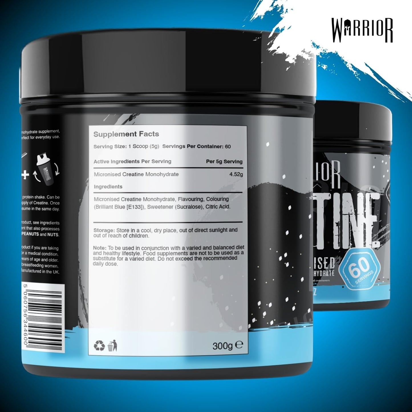 Warrior Creatine Monohydrate Powder – Micronised for Easy Mixing and Consumption – 100 Percent Pure Creatine – Proven to Improve Physical Performance and Recovery, 5 g Servings (Blue Razz, 300 g)