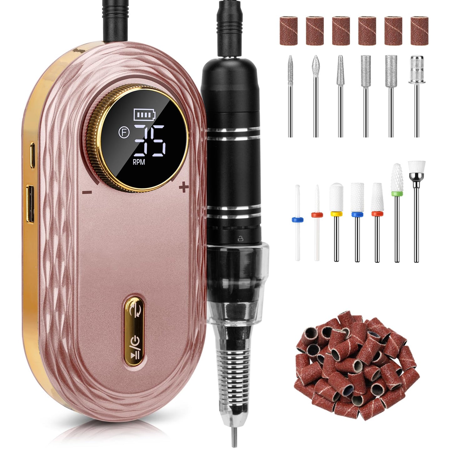 Madenia Electric Nail File 35000RPM, Professional Rechargeable Nail Drill Machine with Ceramic & Metal Drill Bits, Cordless E File Portable Efile for Acrylic Nails Gel Salon Home Manicure Use (Pink)