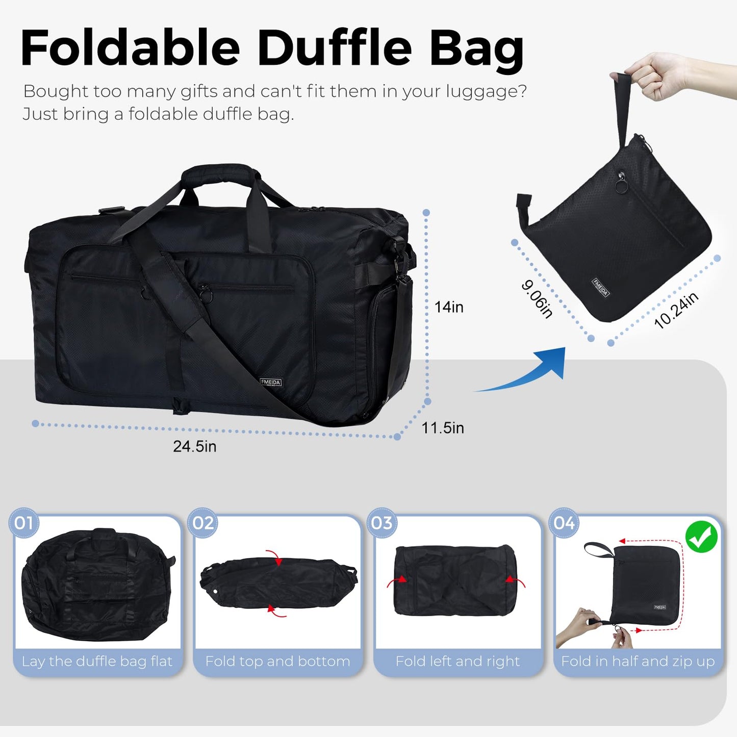 Fmeida 65L Foldable Travel Duffle Bag, Lightweight Waterproof Weekend Luggage with Shoes Compartment, Large Overnight Holdall Tote, Black