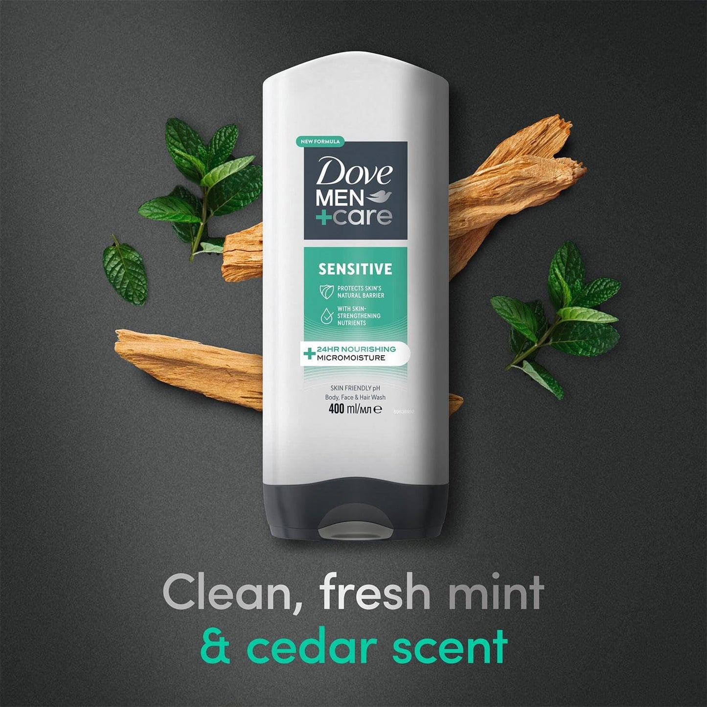 Dove Men+Care 3-in-1 Body, Face & Hair Wash Hydrating Sensitive Provides 24 Hour Nourishment with Clean and Calm Scent of Fresh Mint and Cedar Body Wash for Men, 400ml Pack of 3