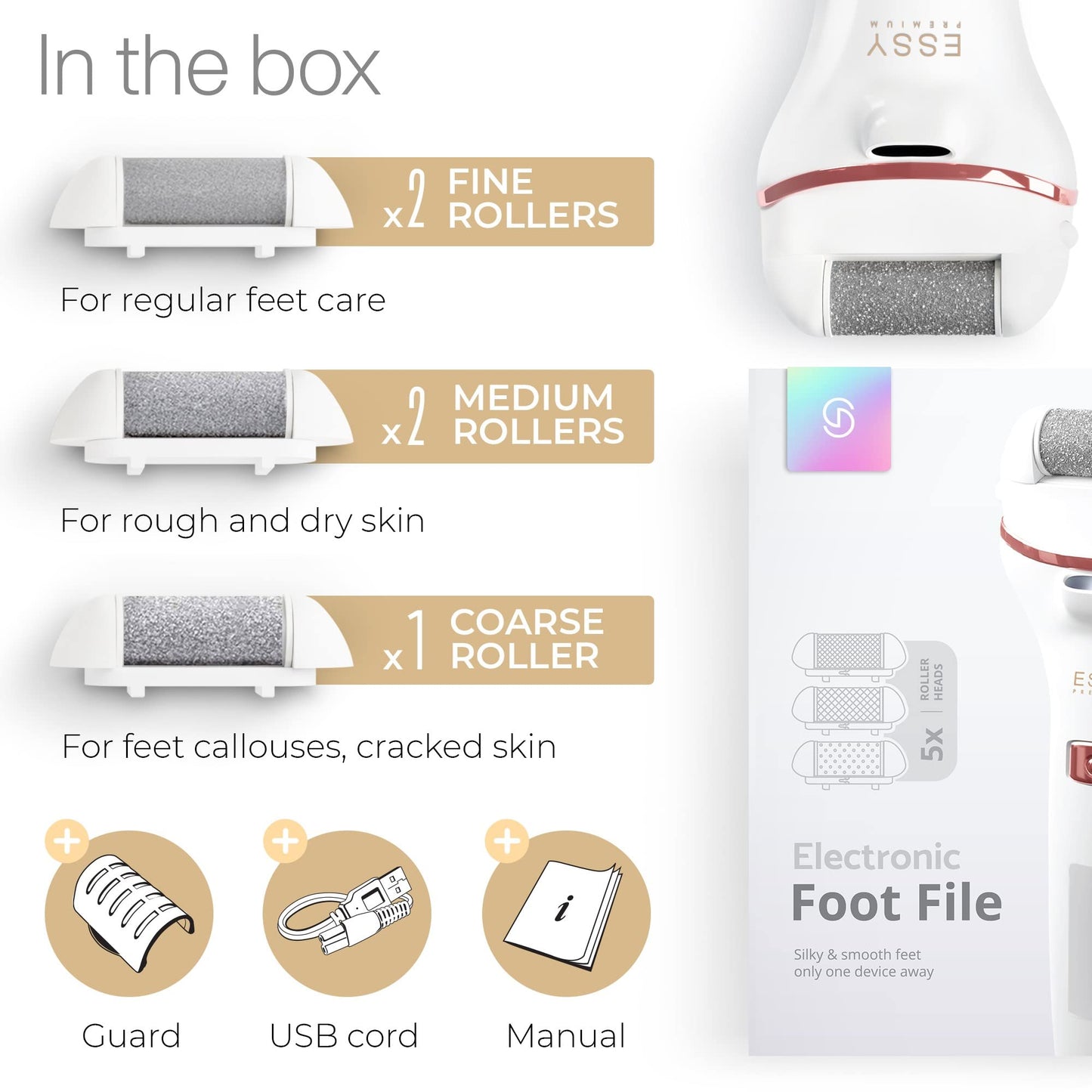 Essy Electric Foot File Hard Skin Remover with 5 Replacement Rollers Foot File Electric Pedicure Sets Cutters Accessories for Dry Dead Hard Skin Feet Callus Remover for Feet Care Exfoliator (White)