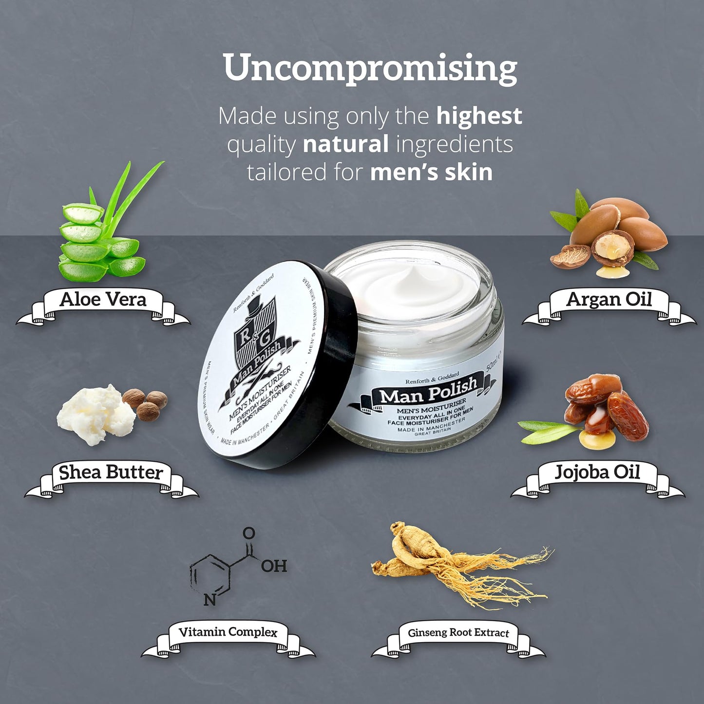 Man Polish Men's Moisturiser - Premium Sensitive Natural Anti Ageing Men's Moisturiser for Face 50ml
