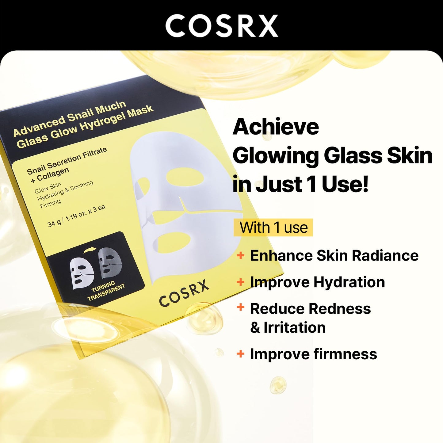 COSRX Advanced Snail Mucin Glass Glow Hydrogel Face Masks Skincare, Collagen Mask, Overnight Peel Off Korean Face Mask for Hydration Boost, Glass Skin Face Mask Korean Skincare, Pack of 3
