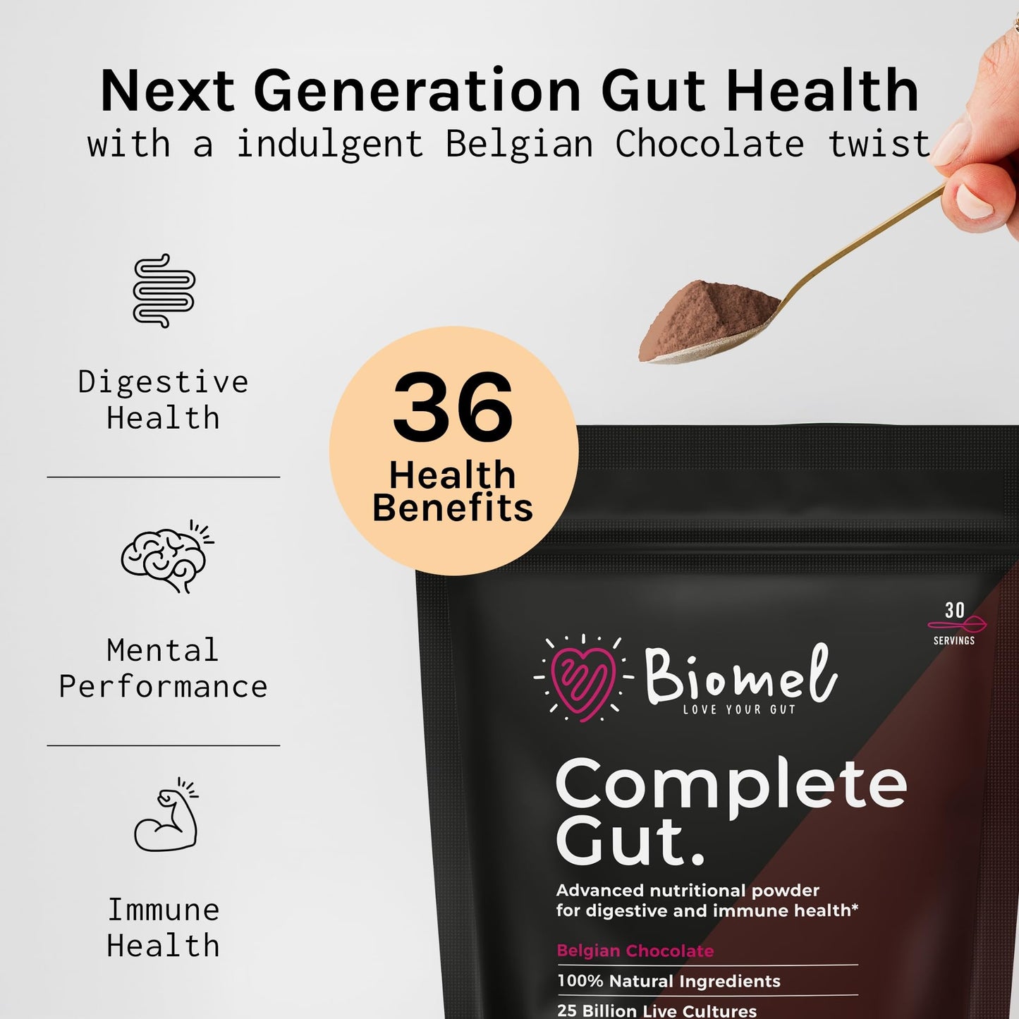 Biomel Complete Gut - Belgian Chocolate - 4 in 1 Gut Health Powder with Diverse Fibres - 450g/30 Servings - Vegan Friendly - Gluten Free - Live Cultures for Gut Health - Delicious & Effective