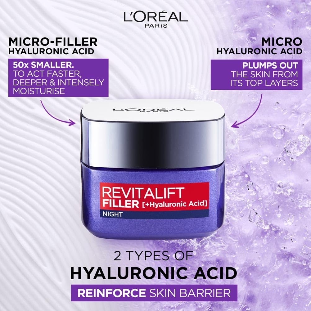 L’Oréal Paris Revitalift Filler Replumping Anti-Ageing Night Cream, Smooth Wrinkles, Moisturise, and Replumps Skin with Micro and Micro-Epidermic Hyaluronic Acid, 50ml