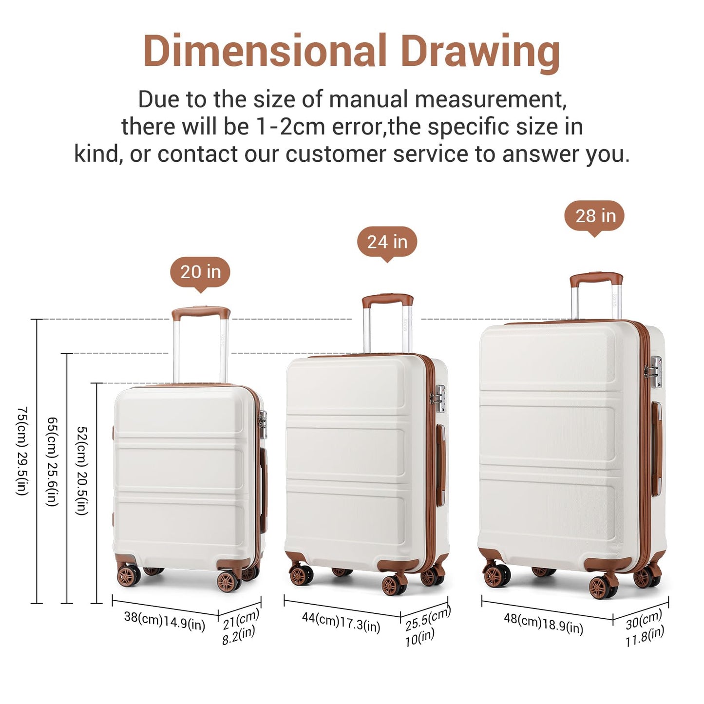 Kono Fashion Hand Luggage Lightweight ABS Hard Shell Trolley Travel Suitcase with TSA Combination Lock and 4 Wheels Cabin Carry-on Suitcases (20", Cream White)