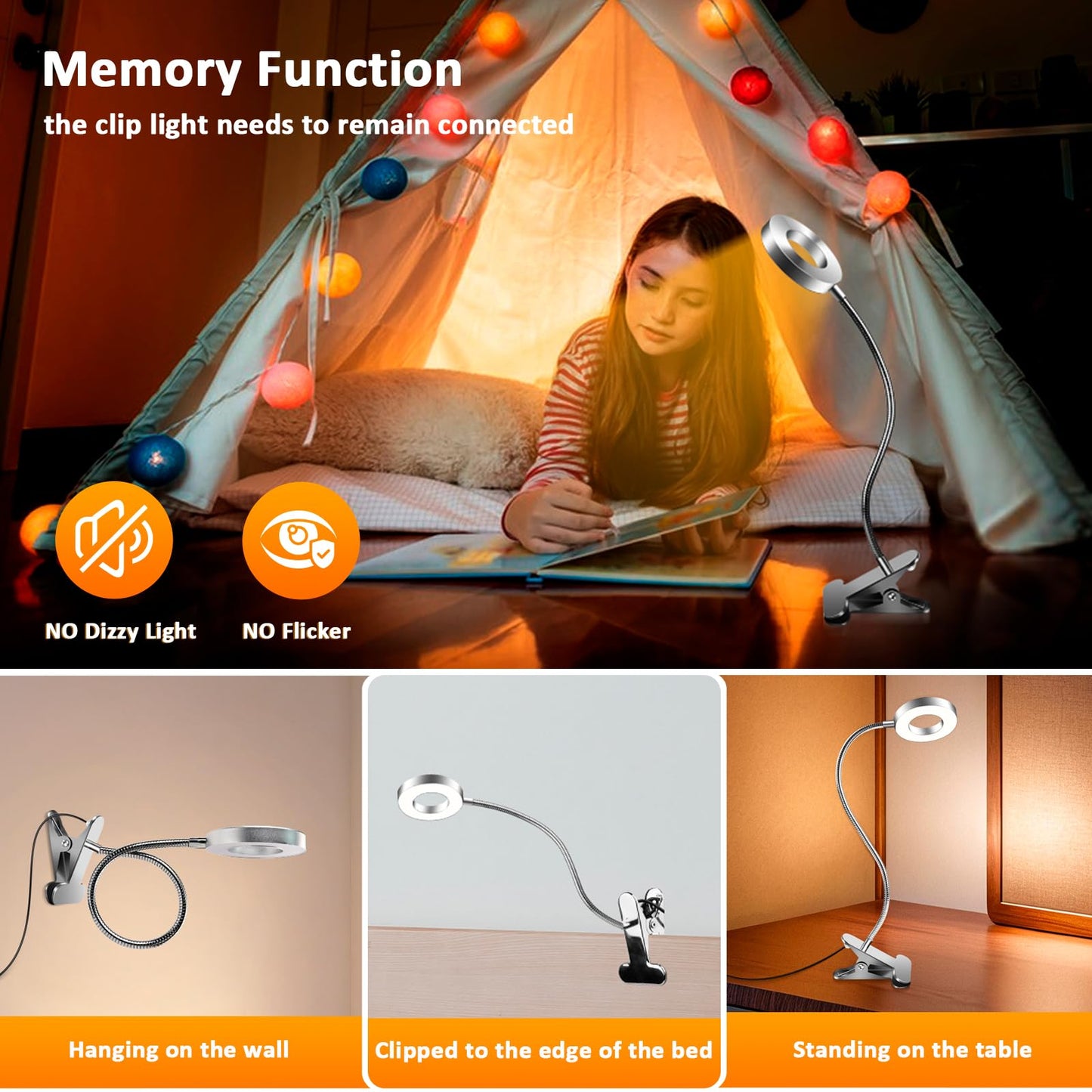 Akynite 7W USB Clip On Bedside Reading Light with Adapter, 3 Colour Changing & 10 Brightness, LED Nail Ring Light Clip on Desk, Flexible Clamp Beauty Lamp for Eyelash Extensions, Silver