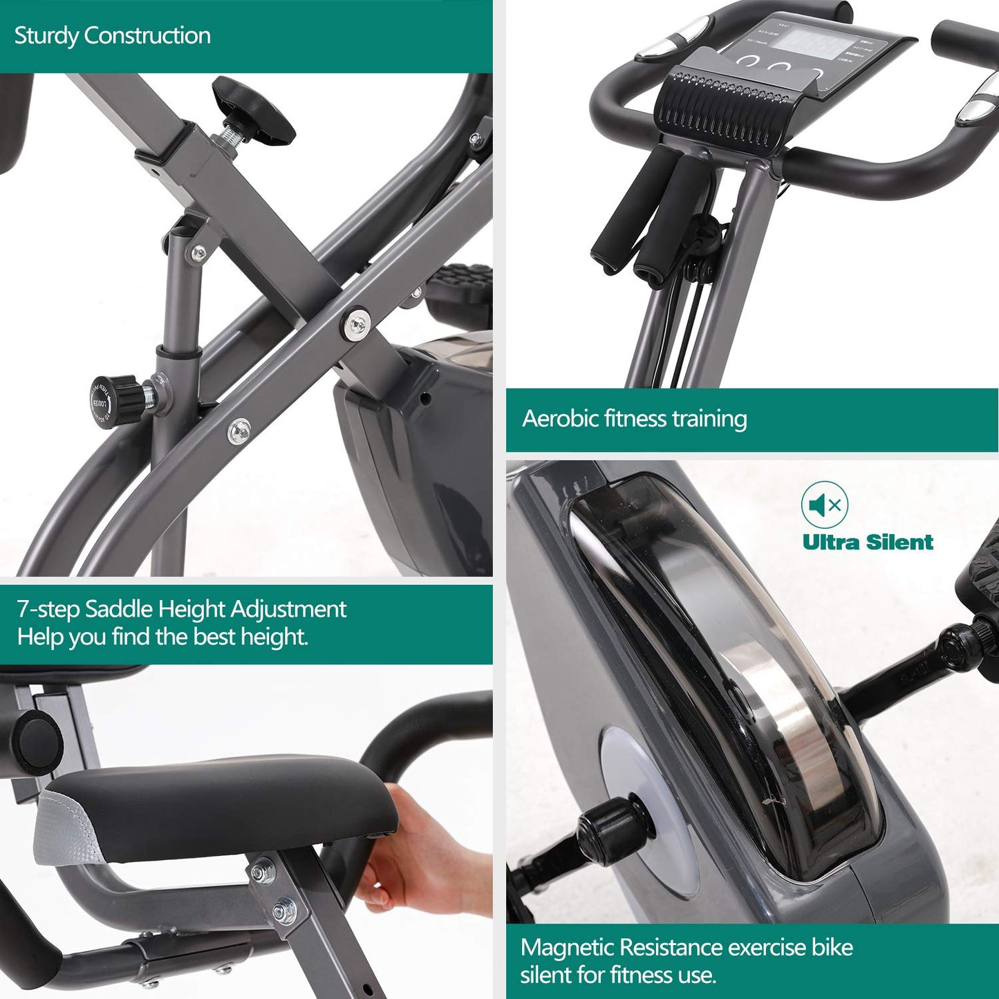 Folding Exercise Bike with 10-Level Adjustable Magnetic Resistance | Upright and Recumbent Foldable Stationary Bike is The Perfect Workout Bike for Home Use for Men, Women (Grey)