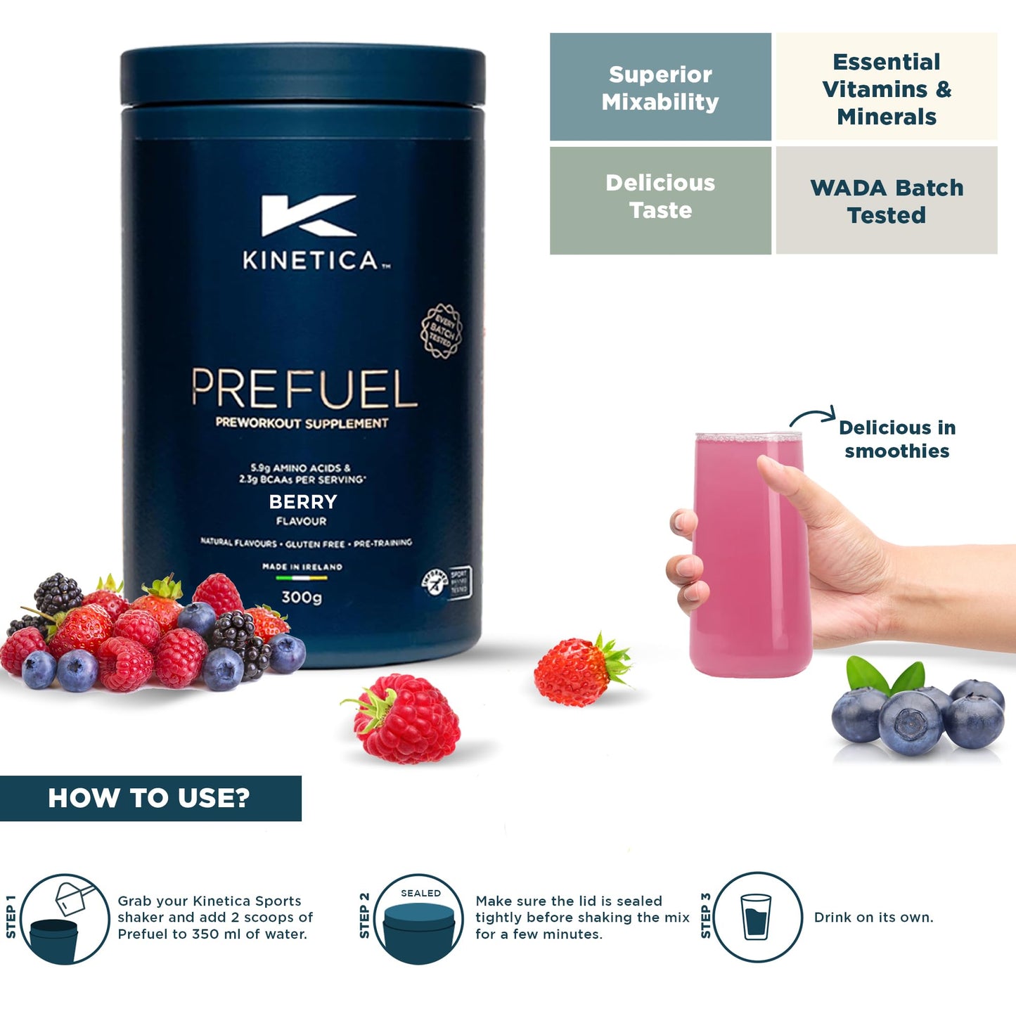 Kinetica Sports Prefuel Pre Workout -Berry Flavour | 5.8g Amino Acids Blend, 2.25g BCAA's & 92mg Caffeine/Serve, 30 Servings/300g| With Essential Vitamins, Minerals|Supports Performance & Energy Boost