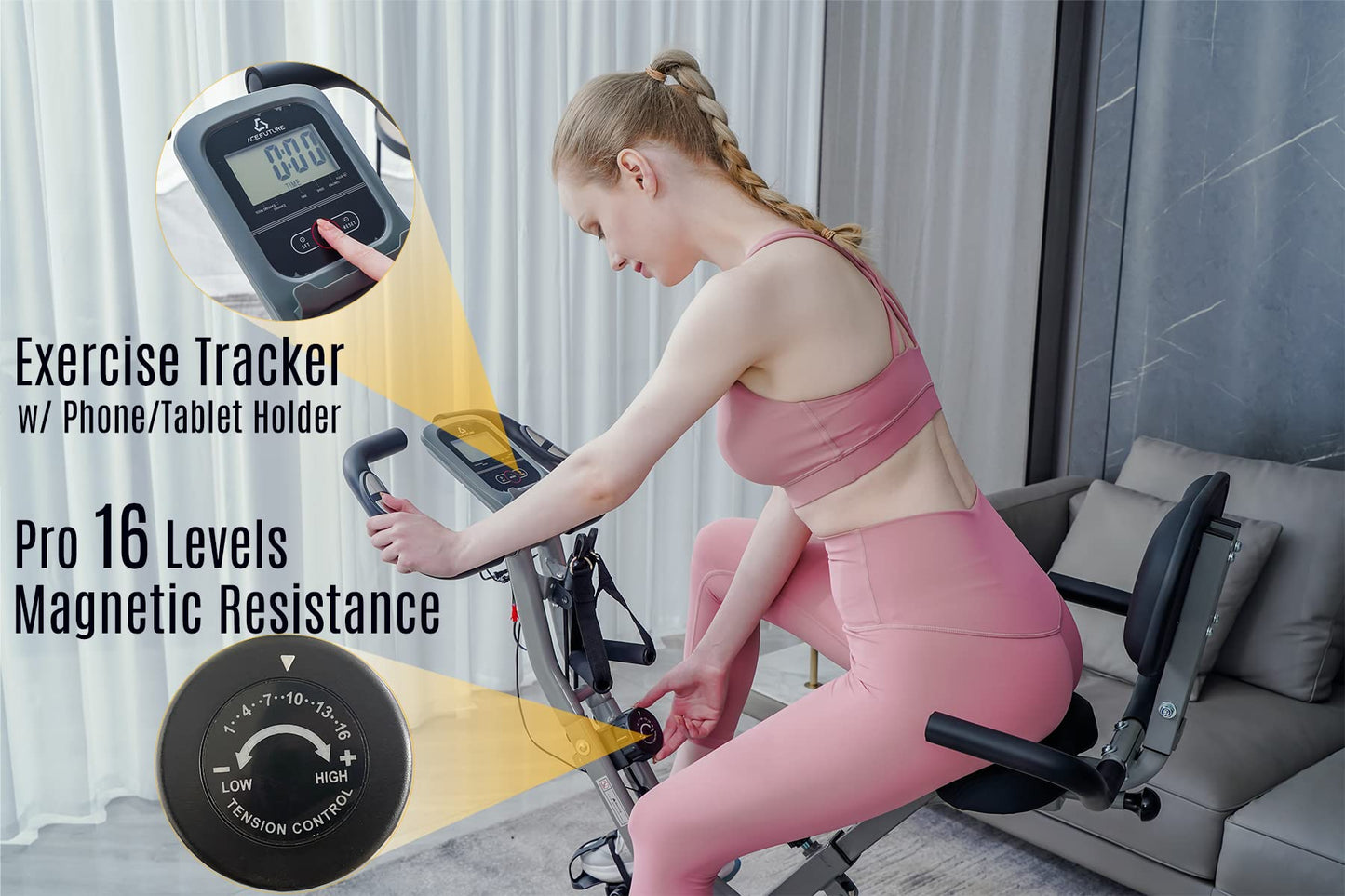 AceFuture 4-IN-1 Exercise Bikes for Home Use, Folding Indoor Stationary Cycling Bike with Arm/Leg Workout Bands,16 Levels Magnetic Resistance Fitness Bicycle with Hand Pulse and Phone/Tablet Holder
