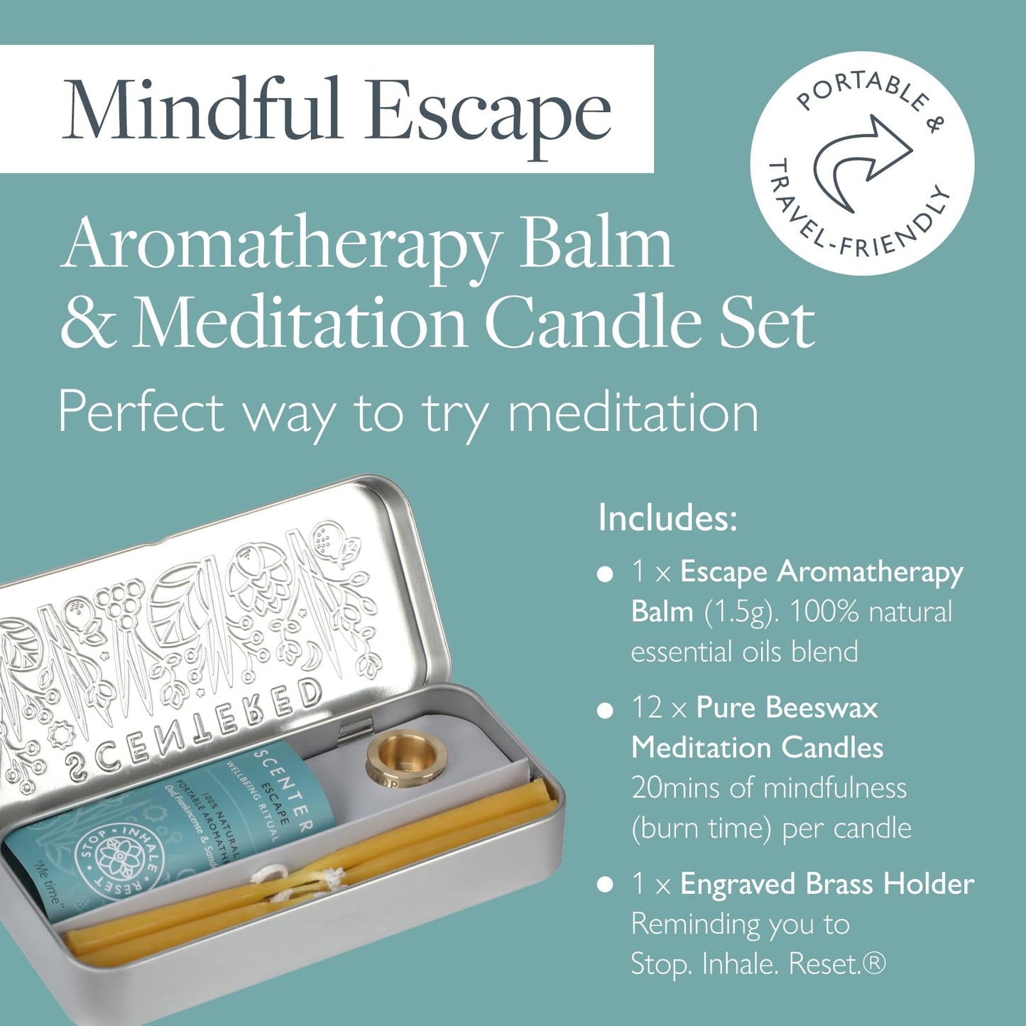 Scentered Aromatherapy Balm & Meditation Candle Set - Mindful Escape Relaxation - x12 Beeswax Candles with Brass Holder & x1 Essential Oil Blend Balm