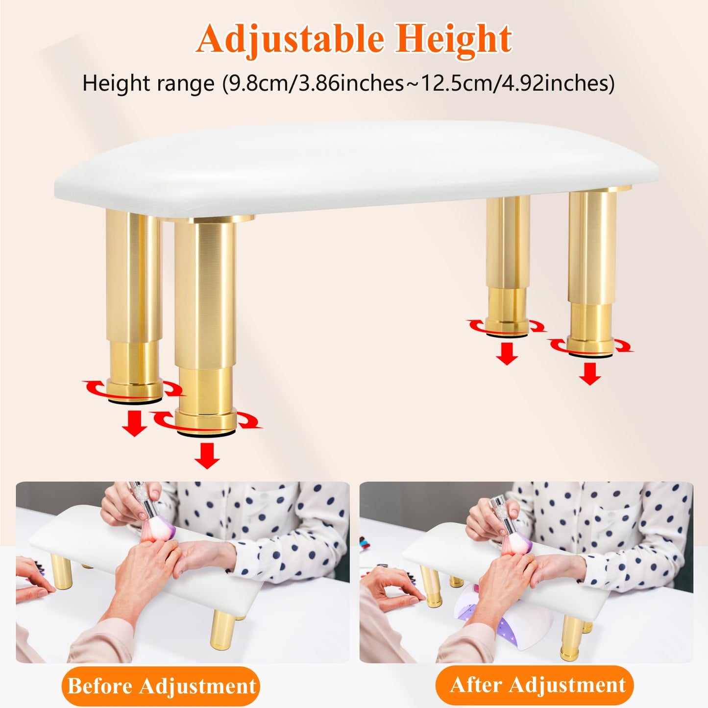 Cleanable Arm Rest for Nails Tech, Adjustable Height, Waterproof Nail Arm Rest White Manicure Hand Rest with Non-Slip Aluminum Alloy Legs, Technology Leather, Nail Polish Can Be Wiped Off, HR601