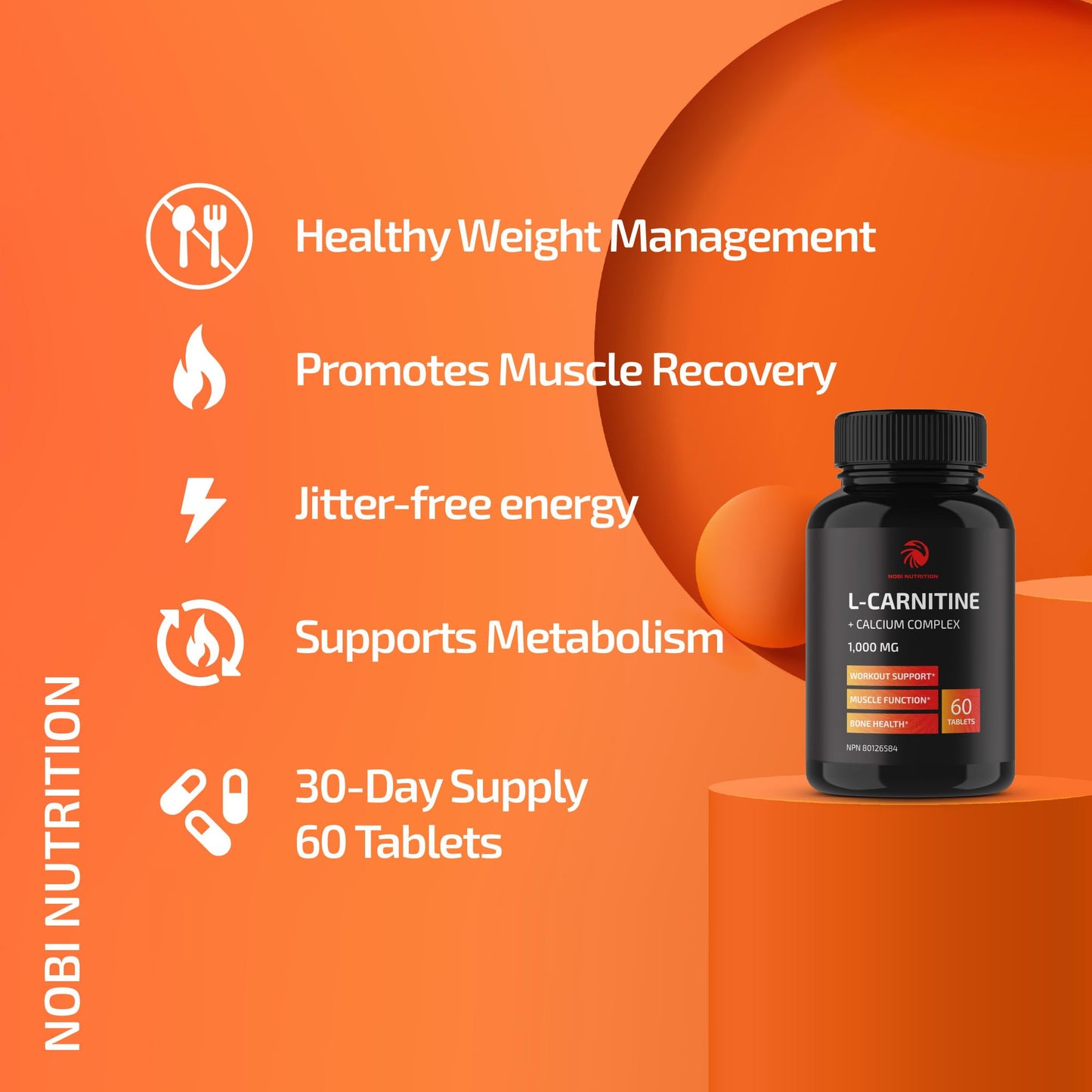 L Carnitine 1100mg | Performance, Fitness, Energy & Metabolism Support Supplement for Men & Women | L-Carnitine L Tartrate Complex to Support Thermogenesis & Weight Management | Vitamin D | 60 Tablets